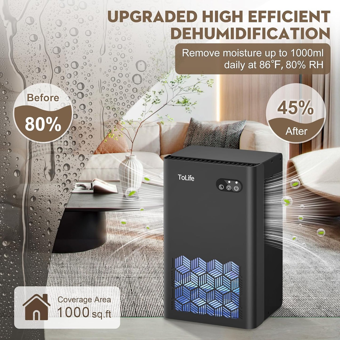 ToLife Dehumidifier for Home, 1000 sq.ft Dehumidifiers for Basement Bedroom Bathroom with 95 OZ Water Tank, Auto Shut Off 7 Colors LED Light, Black