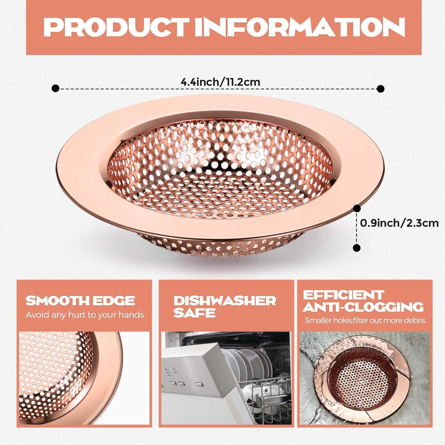 Retisee 2 Pcs Sink Strainer Stainless Steel Kitchen Sink Drain Strainer Basket Cover Mesh Hair Food Catcher, Large Wide Rim of 4.4 Diameter(Rose Gold)