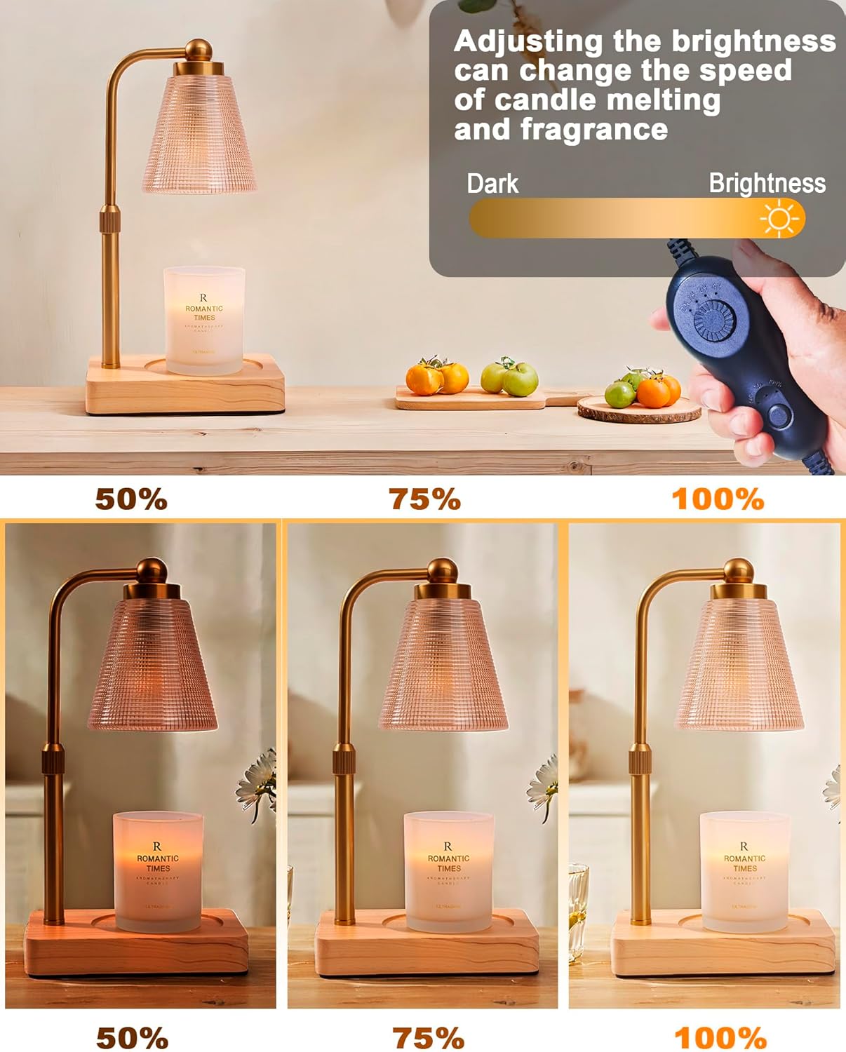 Candle Warmer Lamp - Electric Candle Warmer with Timer, Adjustable Height & Brightness, 2 Replacement Bulbs, 1-Year Warranty - Perfect for Jar Candles, Kitchen, Living Room, Bedroom (Gold)