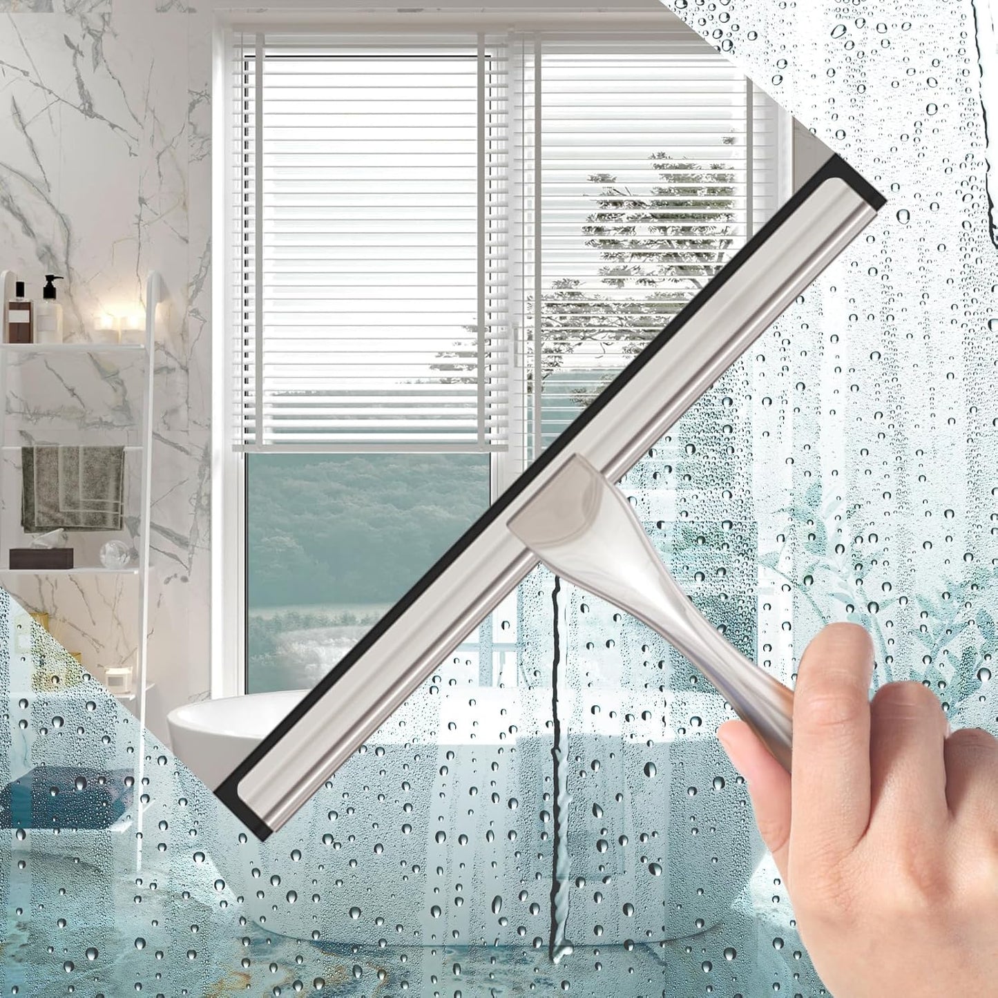 All-Purpose Stainless Steel Shower Squeegee for Glass Doors with Adhesive Hooks, Squeegee for Shower Glass, Bathroom Household Cleaner Tool for Window Mirror Tile Wall Car, 12 inch, Silver