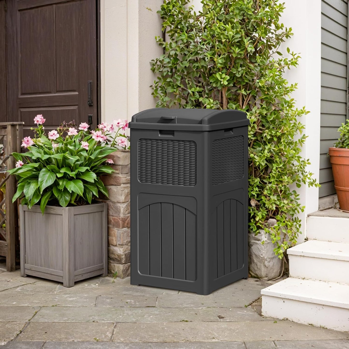 YESHOMY 33 Gallon Resin Outdoor Trash Can with Lid, Hideaway Waterproof Patio Garbage Bin, Gray