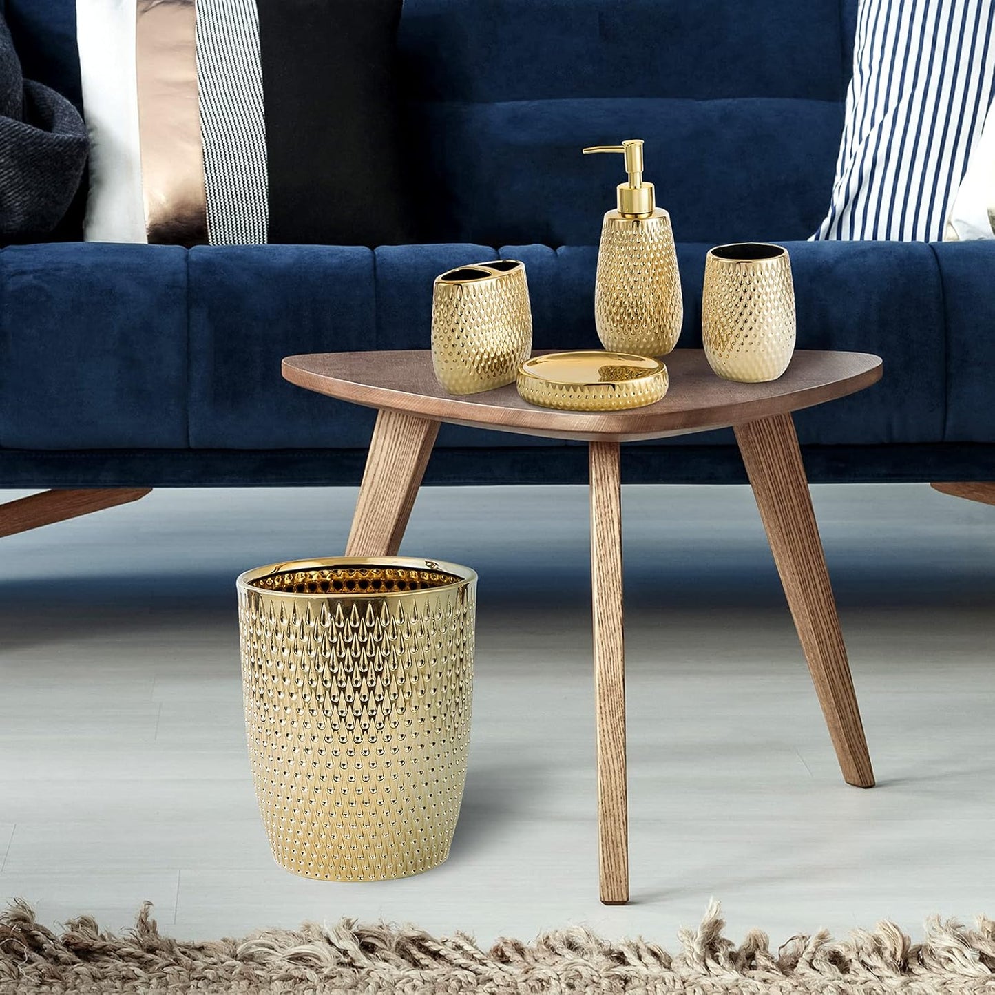 Modern Golden Small Trash Can Wastebasket, Garbage Container Bin for Bathrooms, Powder Rooms, Kitchens, Home Offices - Durable Ceramics - Round