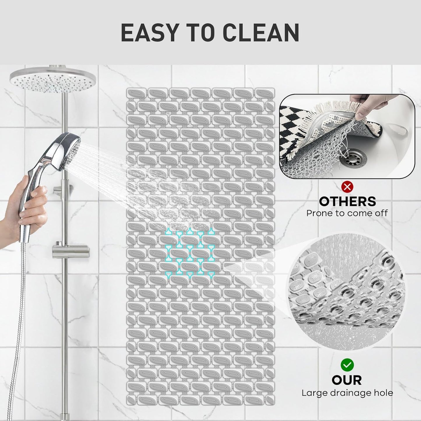 Shower Mat Non Slip Bathtub Mat - 36 x 16 Inch Eco-Friendly Soft Bath Mat for Tub Non Slip Shower Mats for Inside Shower with Suction Cups and Drain Holes, Easy to Clean Quick-Drying, Grey