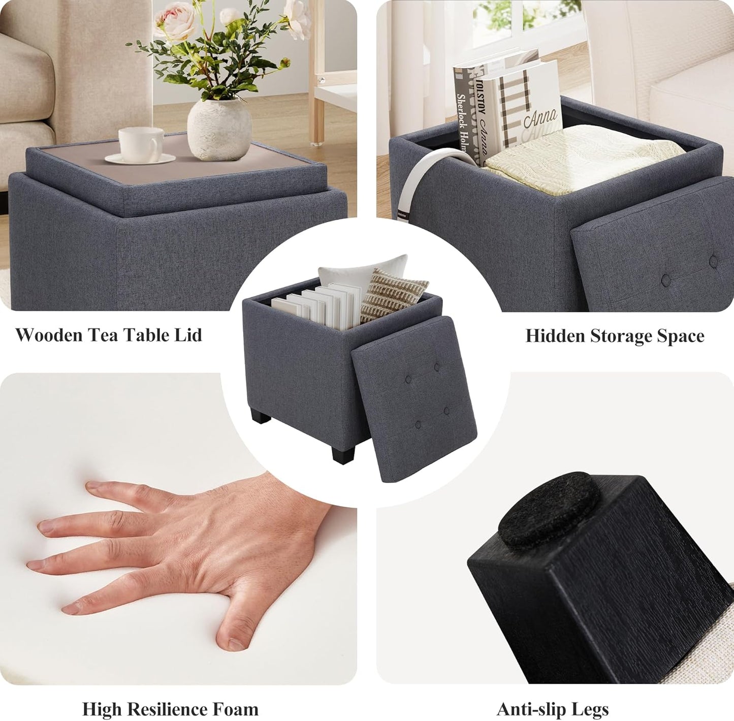 COLAMY Fabric Square Storage Ottoman with Reversible Tray Lid – Multi-Functional Footrest, Hidden Storage, Sturdy & Stylish Small Coffee Table for Living Room, Bedroom, or Entryway(Grey)