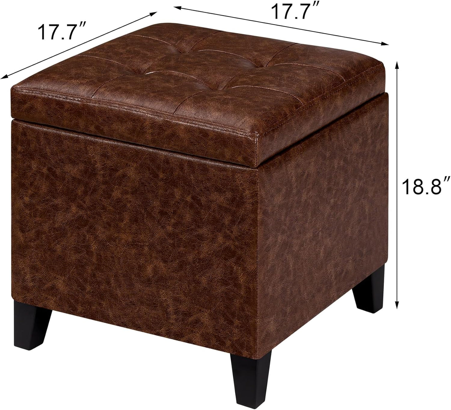 Adeco 18" Storage Ottoman Foot Rest Stool, Walnut Leather Ottoman with Black Solid Wood Legs and Hinged Lid, Small Foot Stool for Living Room, Bedroom