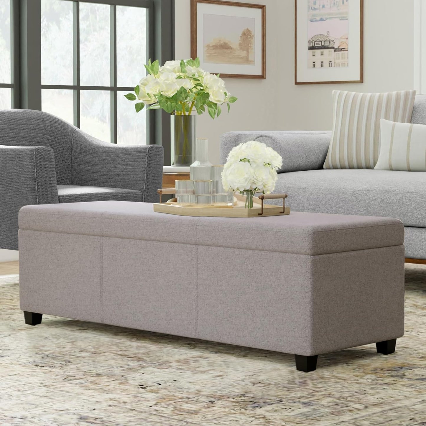 SIMPLIHOME Avalon 54 inch Wide Contemporary Rectangle Extra Large Storage Ottoman Bench in Cloud Grey Polyester Linen Fabric, Assembled, for The Living Room, Entryway and Family Room
