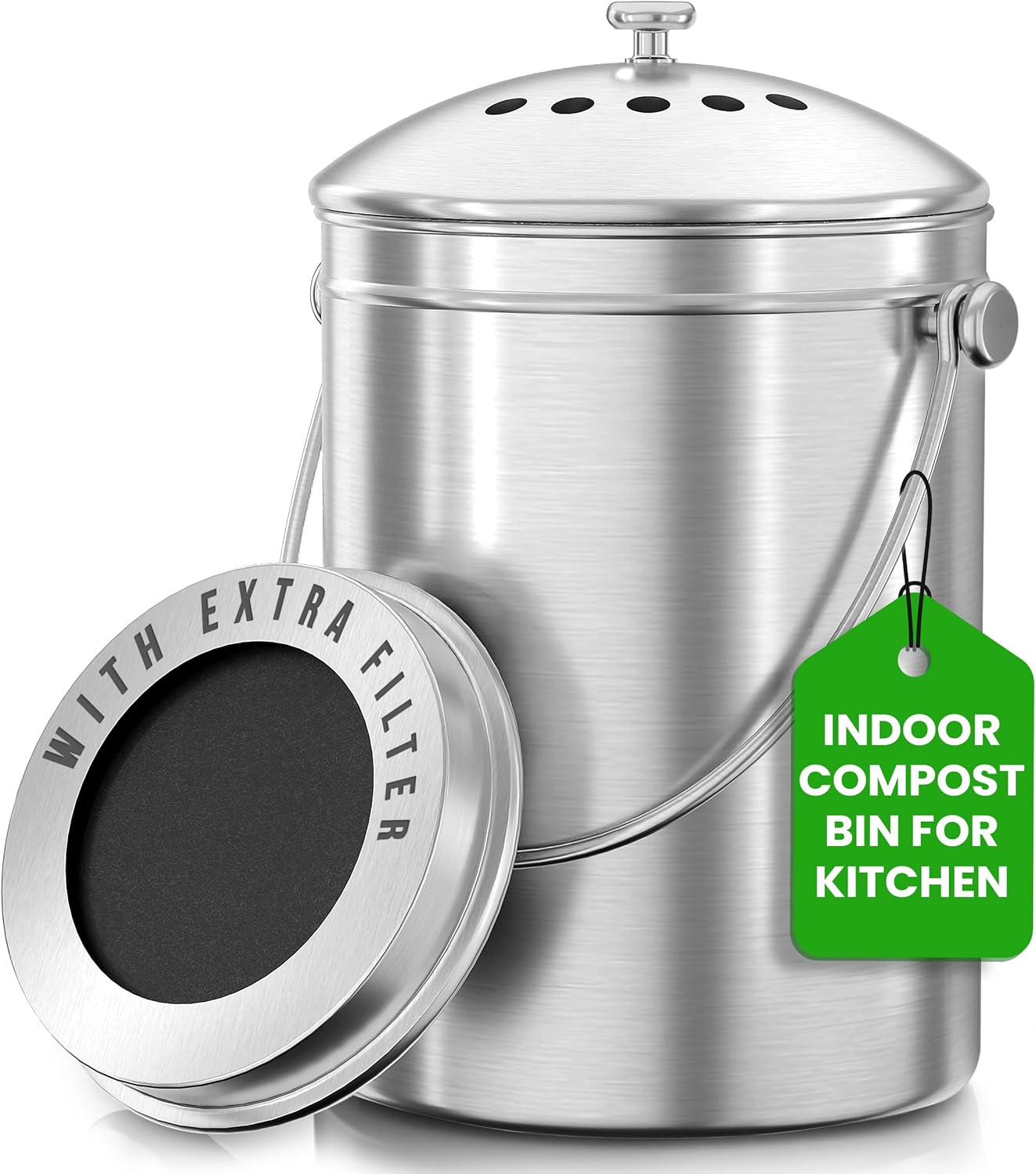 Utopia Kitchen Indoor Compost Bin Kitchen, Odorless Composting with Charcoal Filter, 1.3 Gallon Stainless Steel Large Composter for Countertop & Under Sink, Easy Cleaning, One Extra Filter - (Silver)