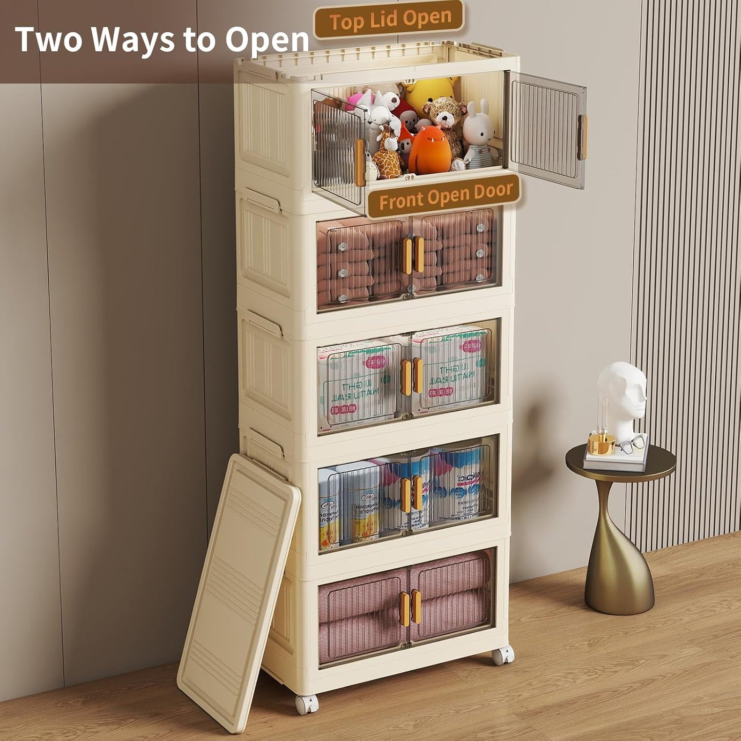 5 Tier Stackable Plastic Storage Bins with Lids 48QT, Collapsible Closet Organizers and Storage with Wheels for Living Room,Office,Dorm