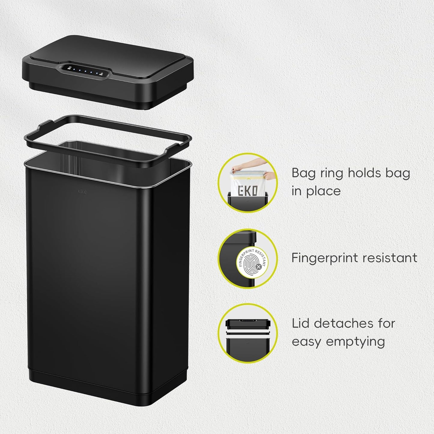 EKO Mirage-T 50 Liter / 13.2 Gallon Touchless Rectangular Motion Sensor Trash Can, Brushed Stainless Steel Finish (Matte Black)