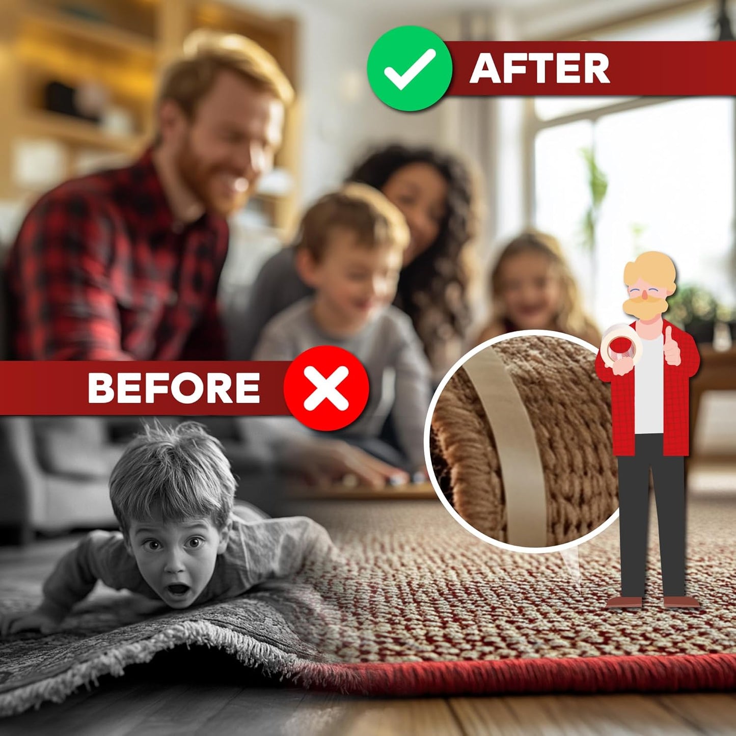 XFasten Double Sided Carpet Tape for Area Rugs, 2 Inch x 30 Yards (6-Pack) – Heavy Duty Anti Slip Rug Grip Tape, Works as Rug Gripper, Wood Safe, Easy Removal for Hardwood and Laminated Floors