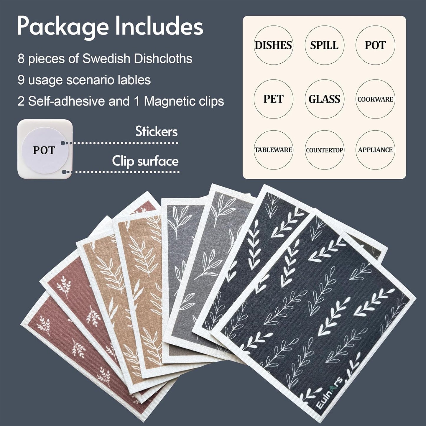 Swedish Dishcloths, 8 Pack Reusable Paper Towels with Clips, Quick Drying Dish Towels, Super Absorbent Cellulose Sponge Cloths, No Odor, Kitchen Cleaning Essentials