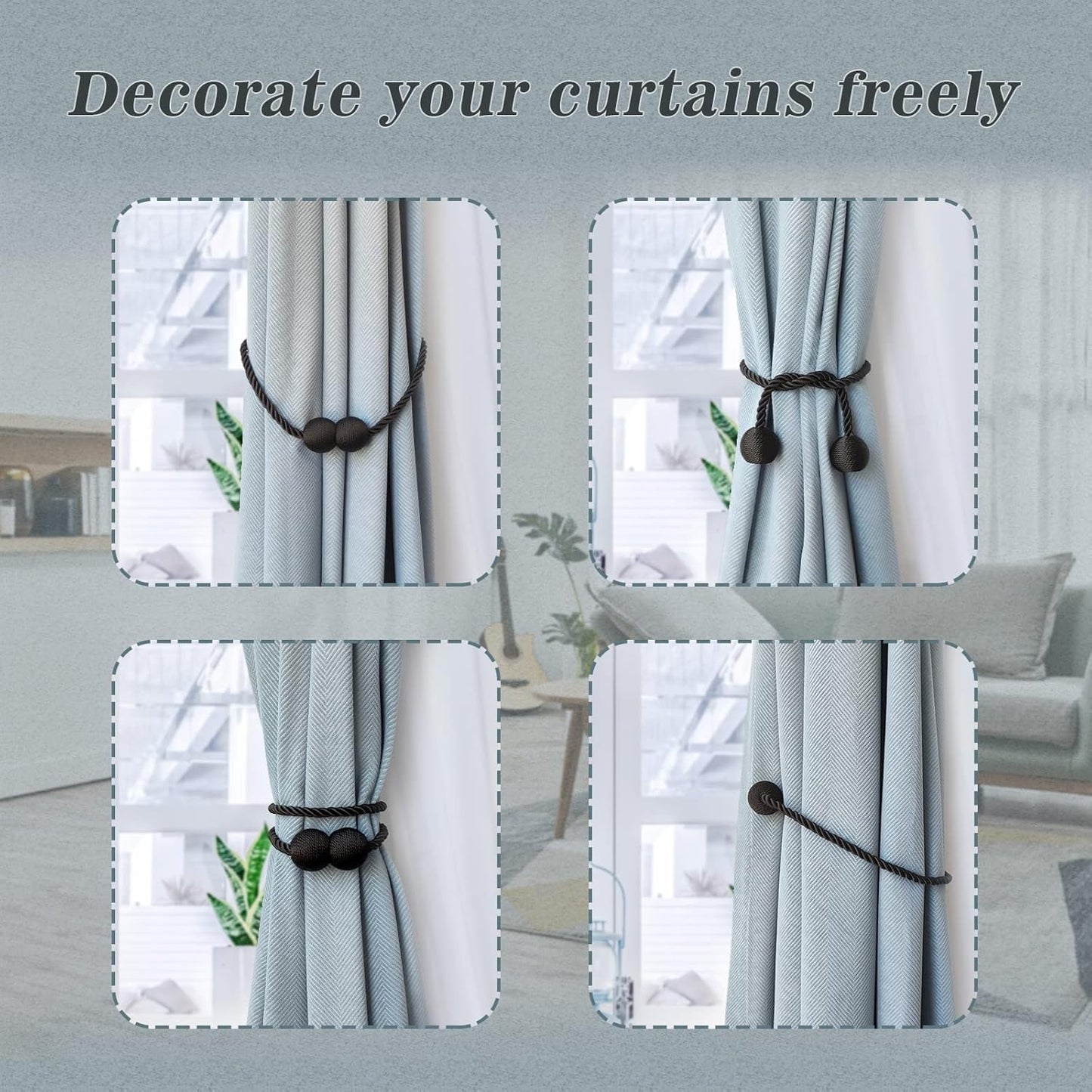 Hion Magnetic Curtain Tiebacks Black 6 Pack, Curtain Tiebacks Buckles Holdbacks Holders Hooks Clip for Home Bedroom Office Decorative Thick or Thin Curtain