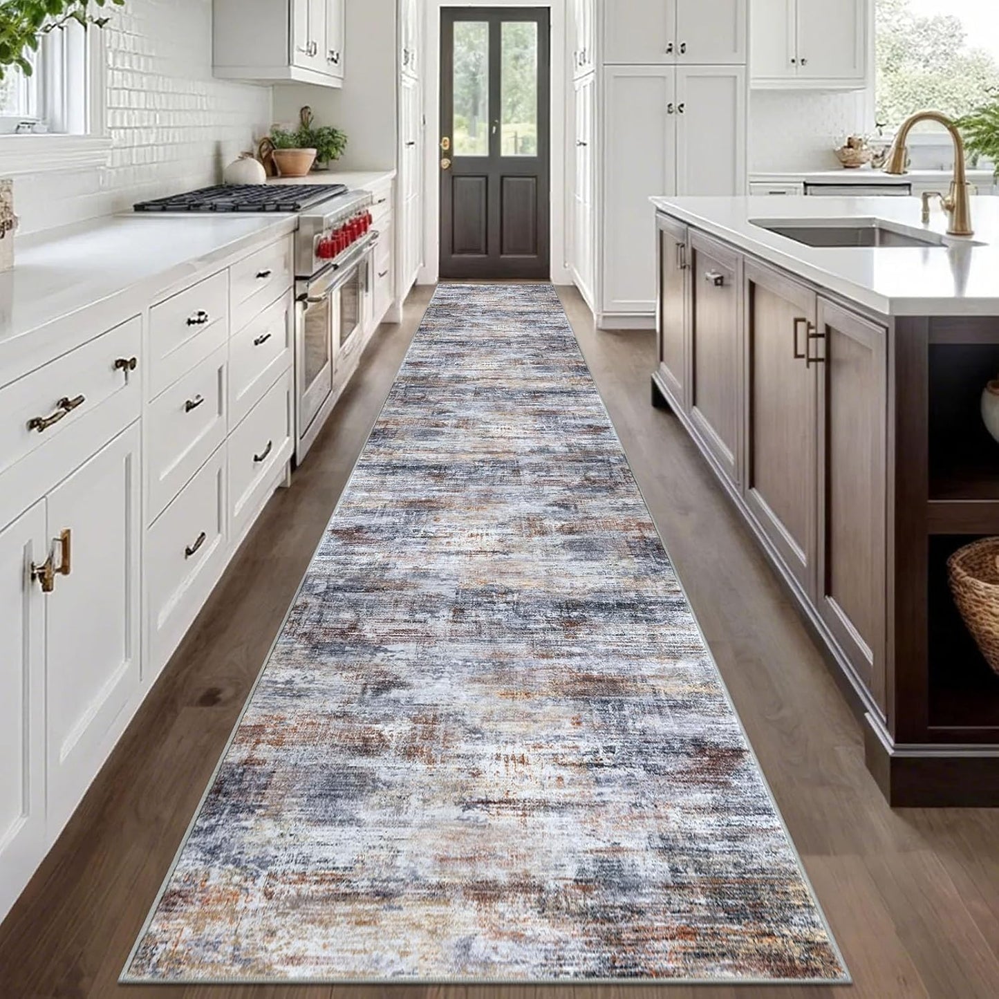 IOHOUZE Abstract Runner Rug 3x20 Ft Extra Long Washable Runners for Hallways, Non Slip Kitchen Runner Printed Faux Wool Entryway Runner Indoor, Modern Abstract Floor Carpet for Hall Stair, Orange Grey