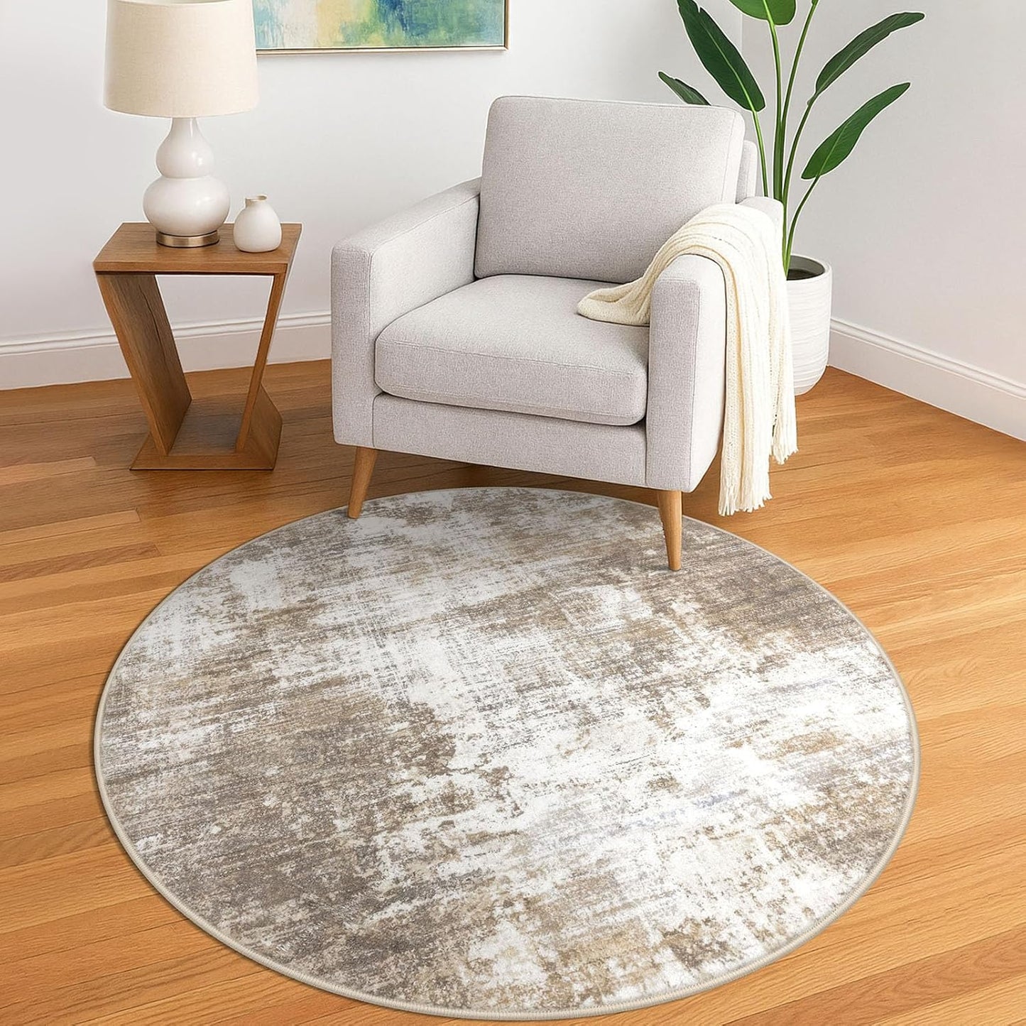 IOHOUZE Round Area Rug 5 Ft Circle Entryway Rugs Round Washable Door Mat Indoor Entrance, Non Slip Circle Front Door Rug, Printed Abstract Faux Wool Floor Carpet for Foyer Porch Sink, Beige Brown
