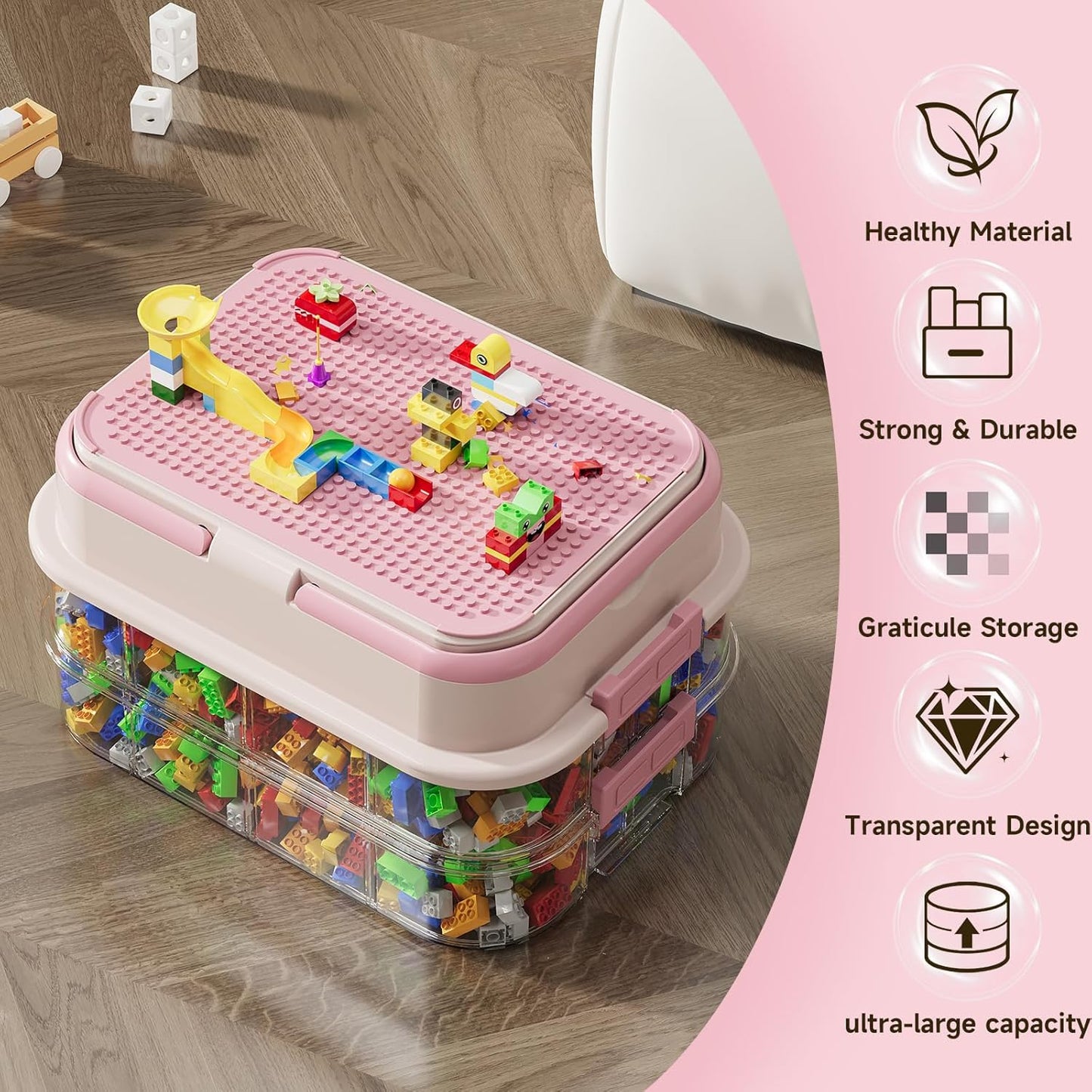 Toy Storage Organizer Box with Handle, Stackable Building Block Toy Box with Building Plate Lid & Removable Sorting Trays, Cubby Bins and Containers 2 Layer (Pink)