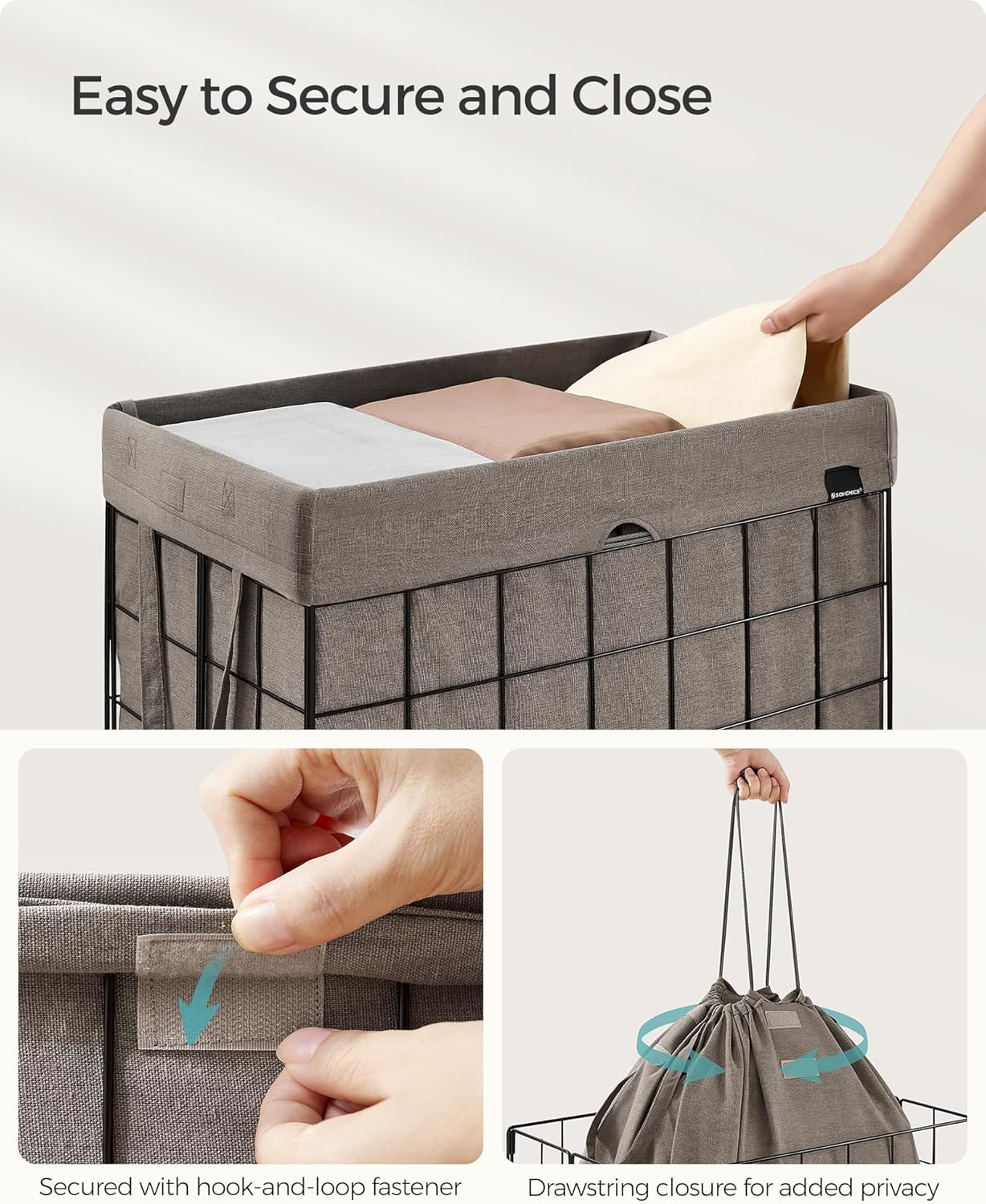 SONGMICS Laundry Hamper, 23.8 Gal. (90L) Laundry Basket, Collapsible Clothes Hamper, Removable and Washable Liner, Metal Wire Frame, for Bedroom Bathroom, Black and Camel Brown ULCB190N01