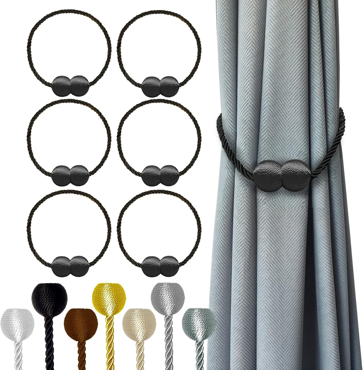 Hion Magnetic Curtain Tiebacks Black 6 Pack, Curtain Tiebacks Buckles Holdbacks Holders Hooks Clip for Home Bedroom Office Decorative Thick or Thin Curtain