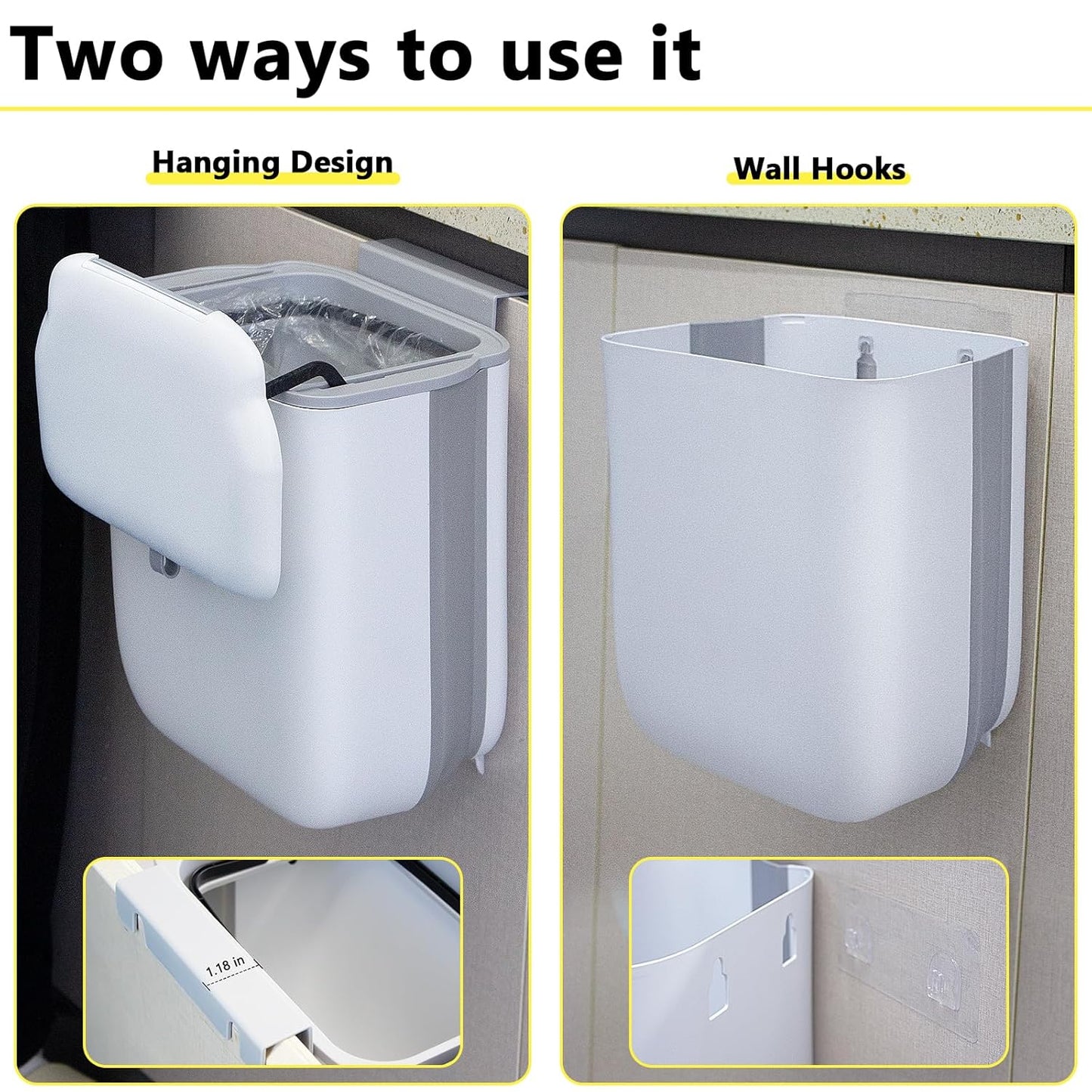 Soddeph 3.2 Gallon Foldable Hanging Trash Can with Lid for Cabinet Door,Kitchen Compost Bin,Wall-Mounted Plastic Garbage Can for Countertop or Under Sink, Bathroom and RV (White with lid)