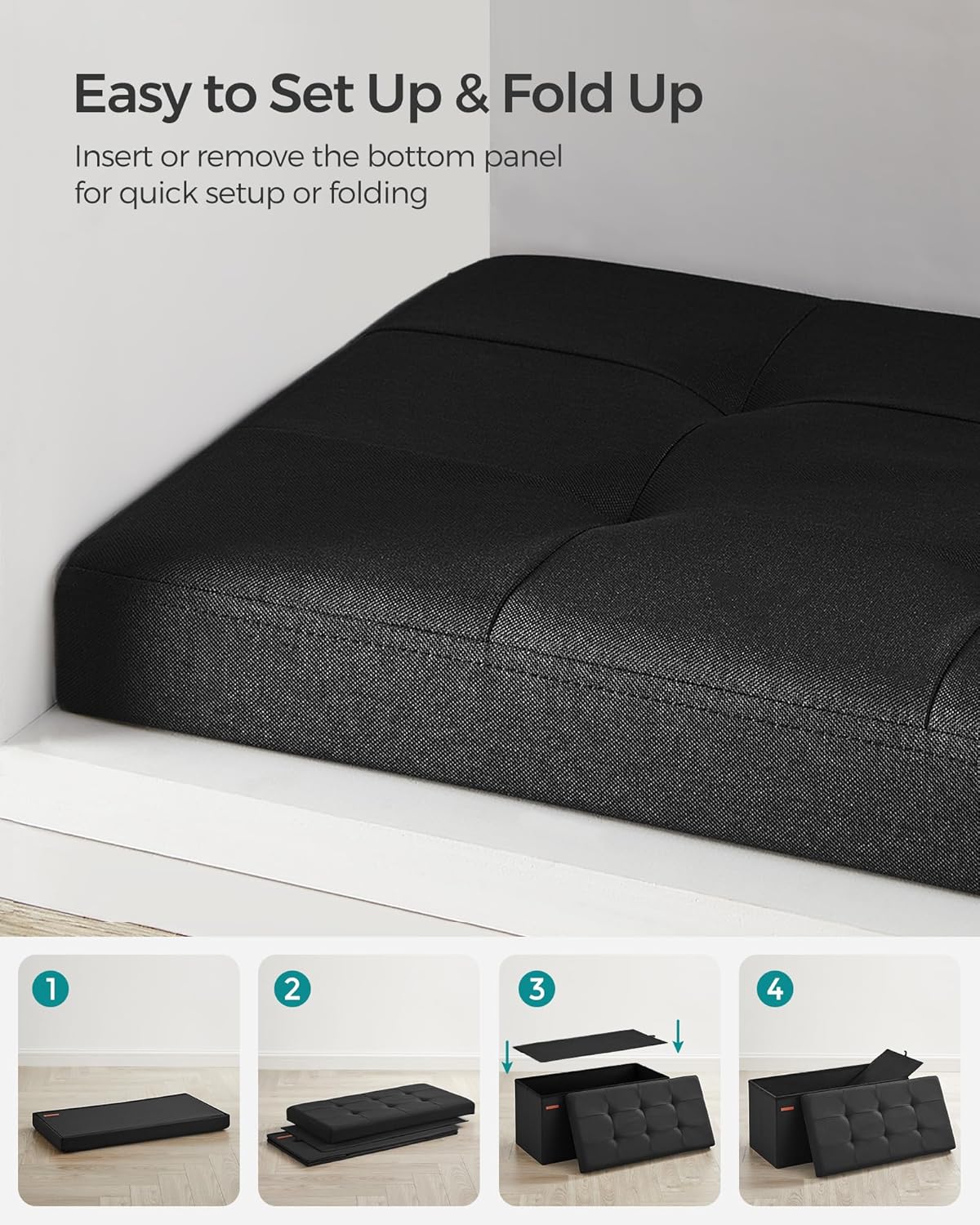 SONGMICS Mazie Collection - 30 Inches Folding Storage Ottoman Bench, Ottoman Foot Rest, End of Bed Bench, Storage Chest, Load 660 lb, for Living Room, Bedroom, Entryway, Ink Black ULSF047B01