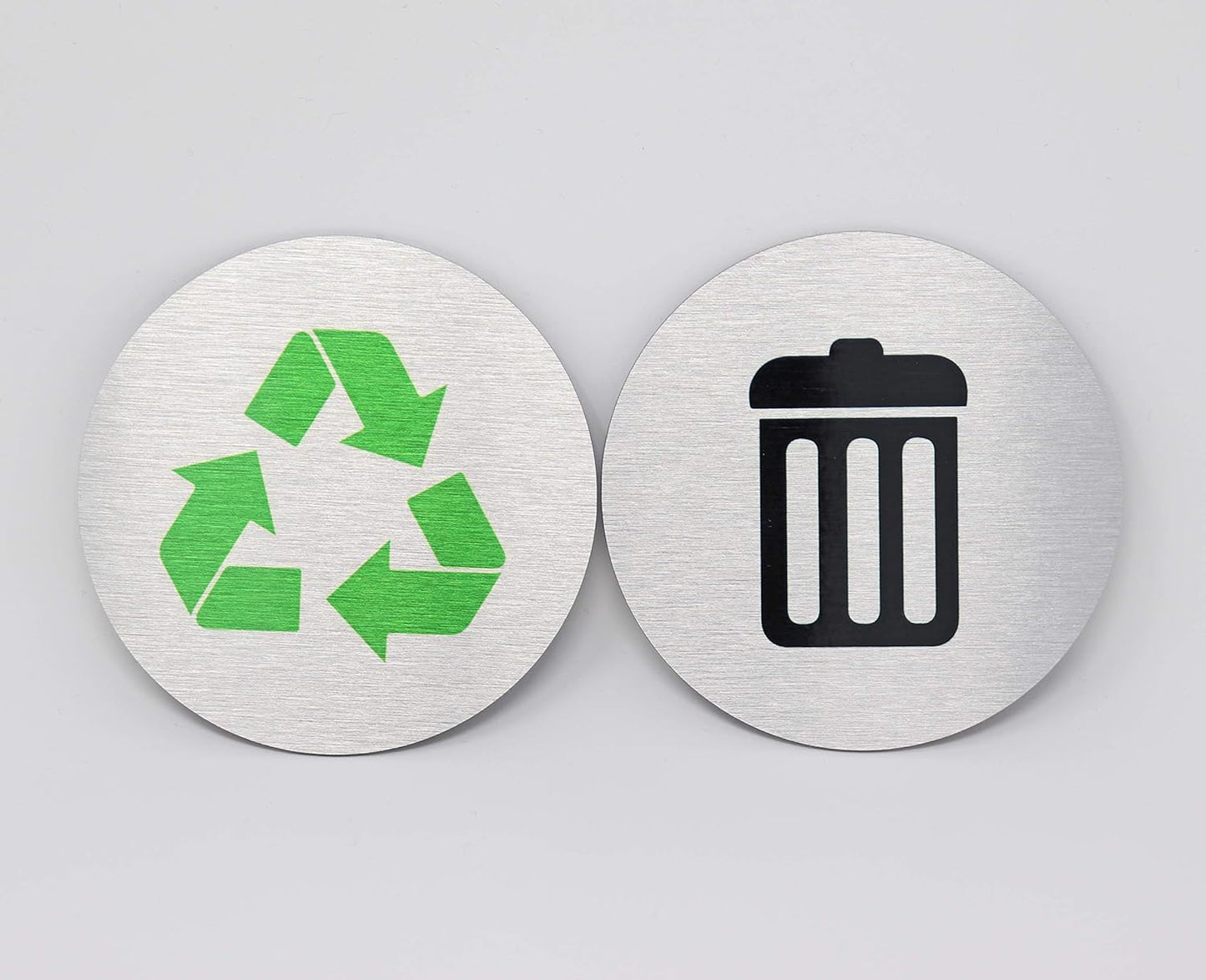 Metal Trash & Recycling Signs | Garbage & Recycling Bin Marker | Set of 2 - 1 Black Trash Sign & 1 Green Recycle Sign | 3" Round, Brushed Silver Aluminum Signs | Made in USA