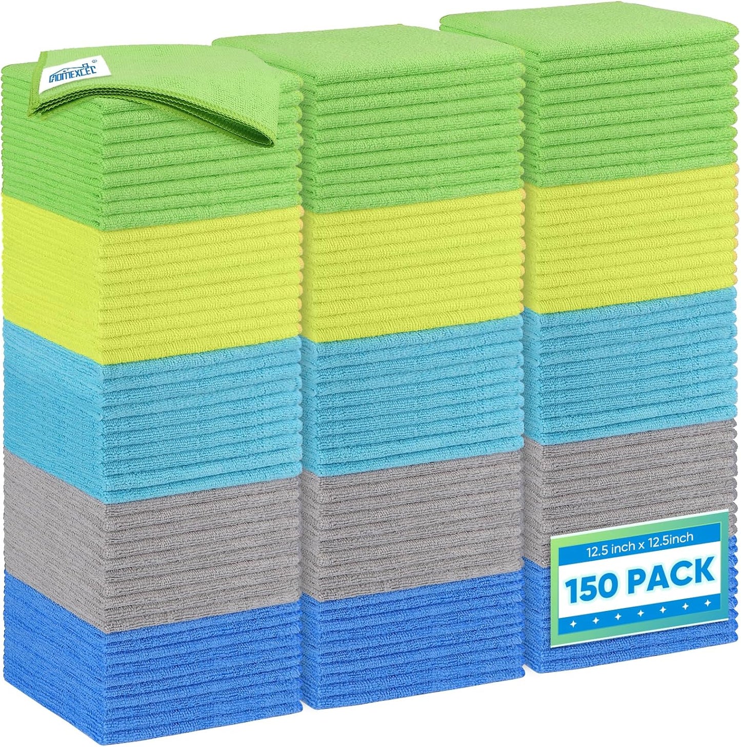 HOMEXCEL Microfiber Cleaning Cloth 150 Pack, 12.5 x 12.5 inch Microfiber Towels for Cars, Ultra Absorbent Car Washing Cloth, Lint Streak Free Cleaning Rags for Car, Kitchen, and Window, Multicolor