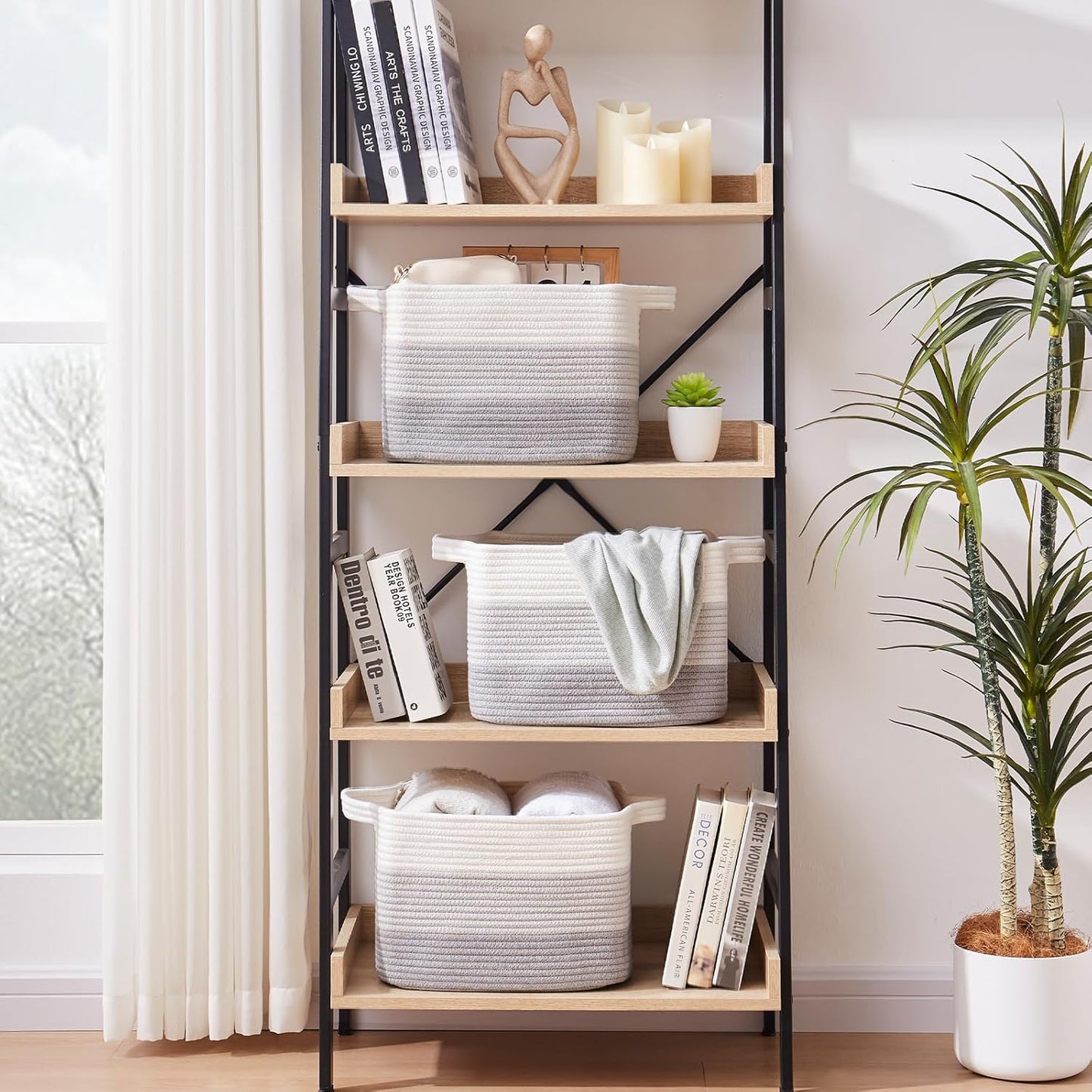 OIAHOMY Storage Basket, Woven Baskets for Storage, Cotton Rope Basket for toys,Towel Baskets for Bathroom - Pack of 3, Gradient Gray