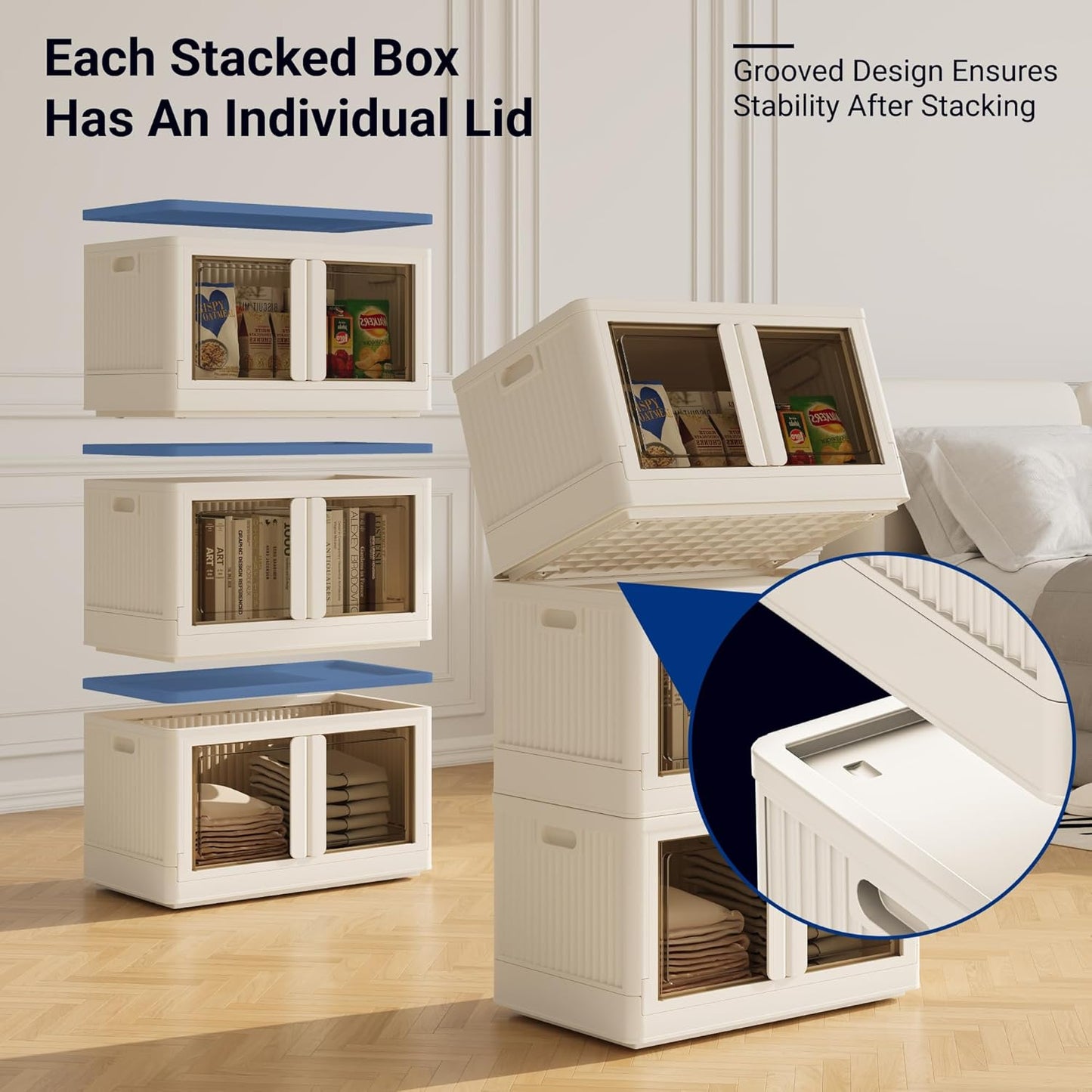 FLEXIMOUNTS 228 QT Stackable Storage Bins With Lids, Collapsible Plastic Storage Bins With Doors and Built-in Wheels For Home Dorm Closet Organizers and Storage, 3 Pack Cubes, Milky White