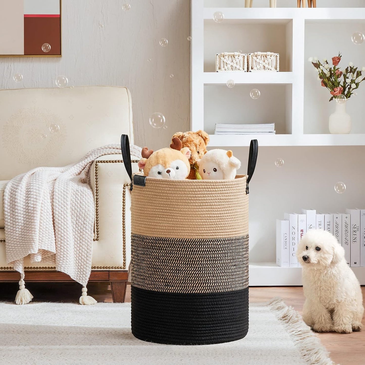 VIPOSCO Tall Laundry Basket, Large Dirty Clothes Hamper with Leather Handle, Woven Rope Storage Basket for Blanket, Toy In Living Room, Bathroom, Bedroom - 72L Brown & Black