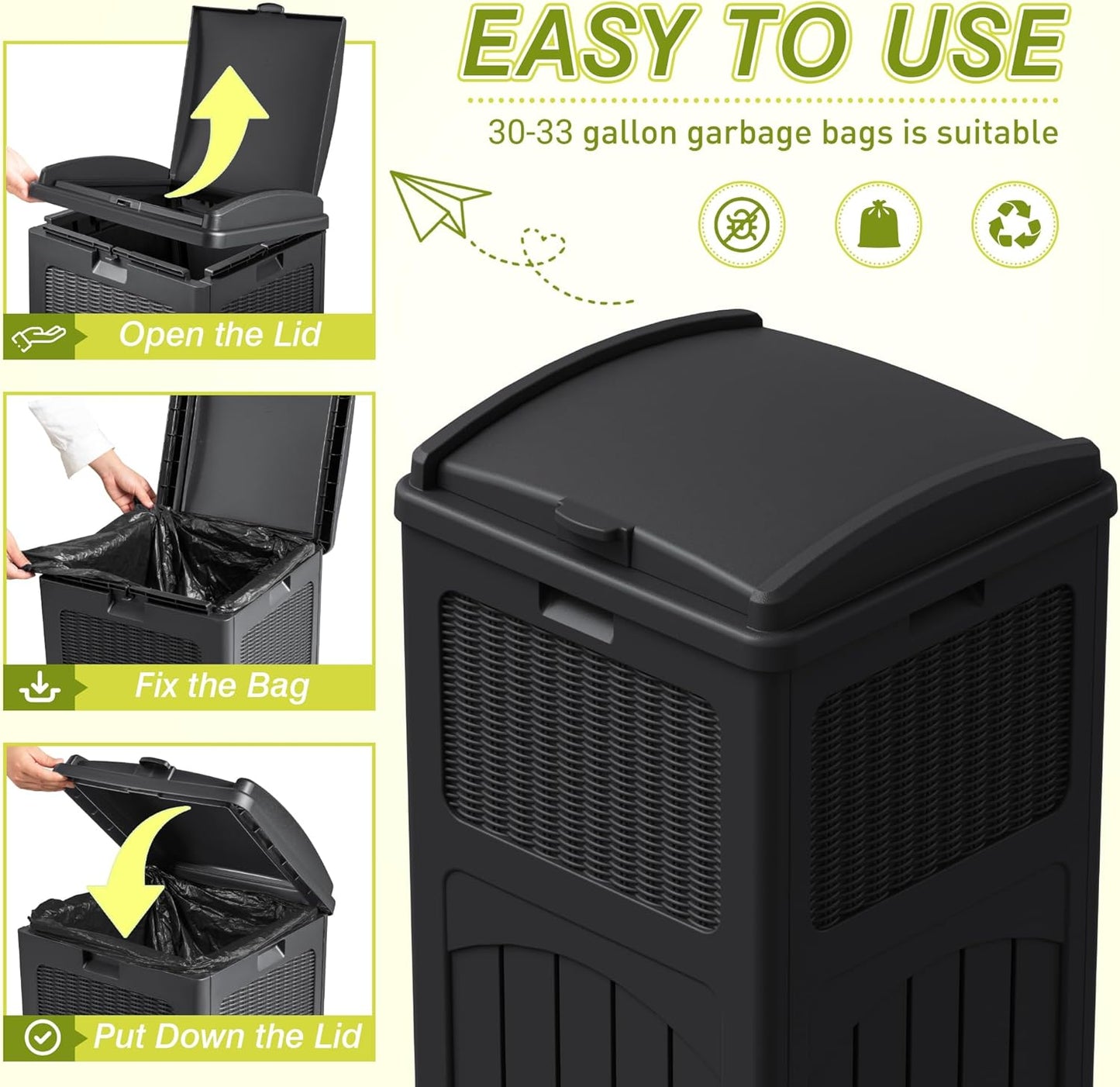 Greesum 33 Gallon Outdoor Trash Can with Lid, Waterproof Resin Garbage Bin for Hideaway, Deck, Patio, 3 Pack, Black