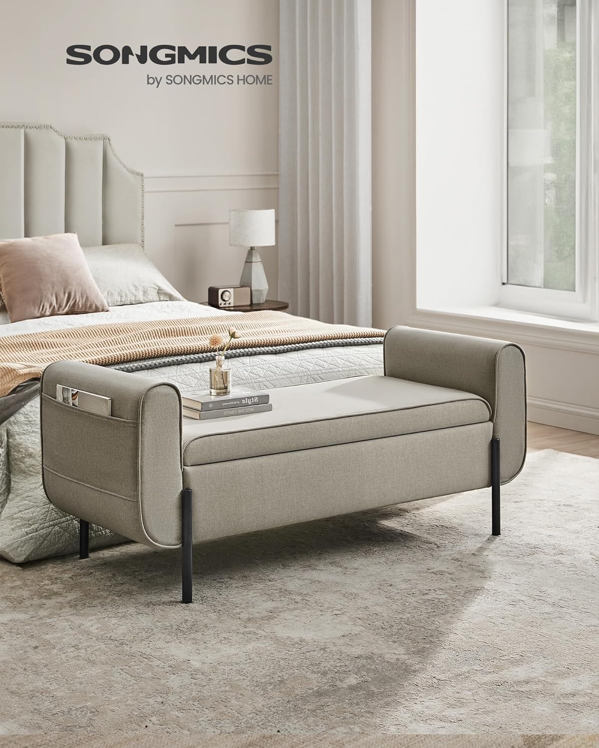 SONGMICS Storage Bench with Armrests, Ottoman with Storage for Living Room, Storage Ottoman Bench for Bedroom, Entryway, Living Room, Steel Legs, Camel Brown ULOM072K03