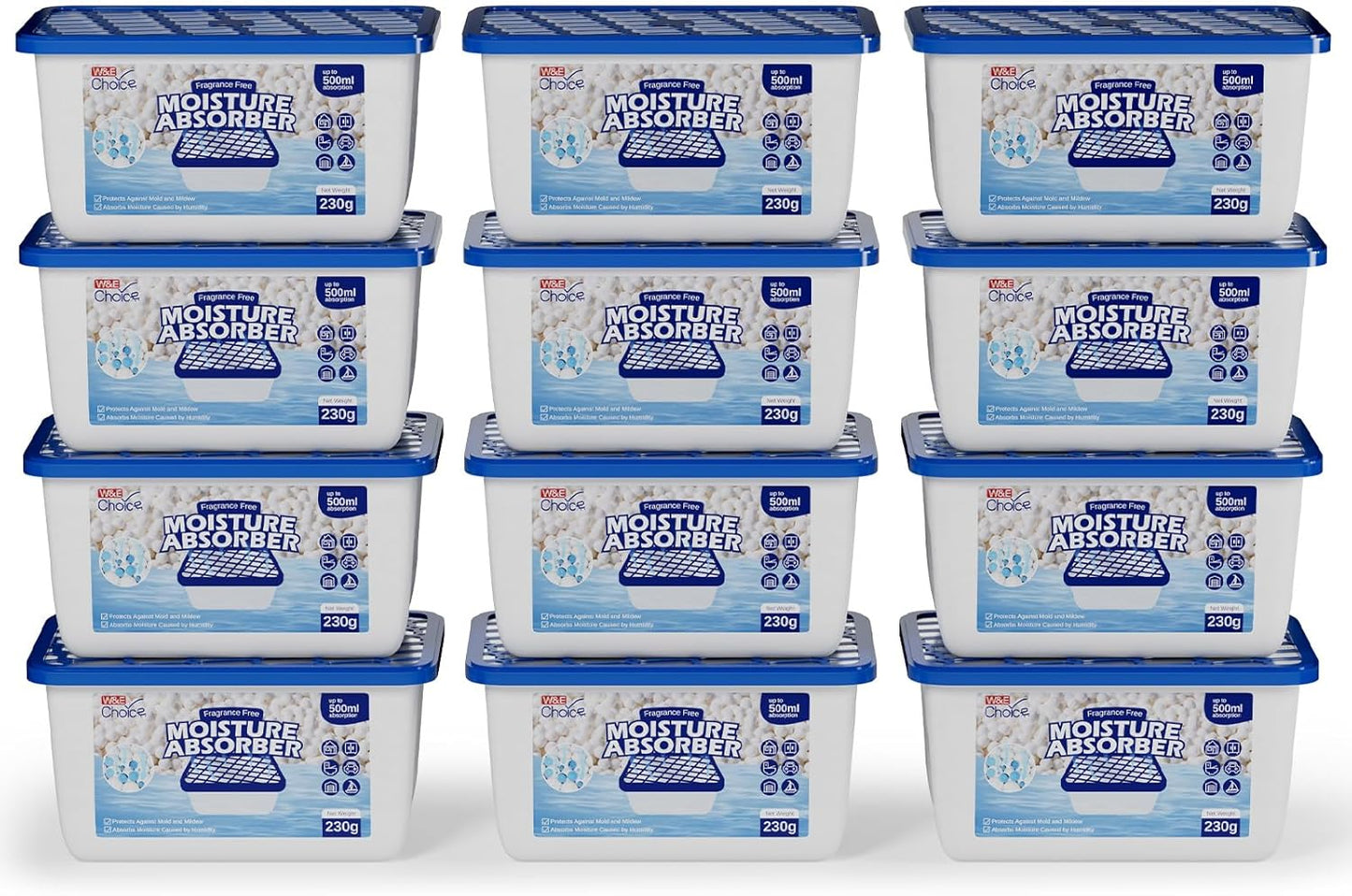 W&E Choice Moisture Absorbers, Portable Humidity Absorber Boxes for Your Bathroom, Closet & Car, Dehumidifier with Fragrance Free, 12 Pack