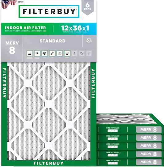 Filterbuy 12x36x1 Air Filter MERV 8 (MPR 700) Dust Defense Replacement (6-Pack), Electrostatic Pleated HVAC AC Furnace Filters, Made in USA (Actual Size: 11.88 x 35.88 x 0.75)