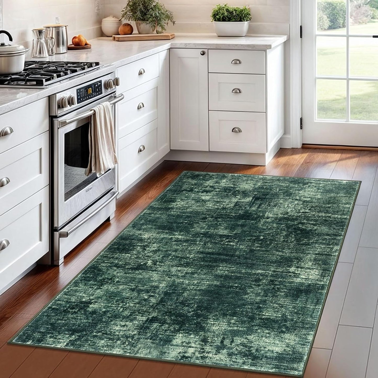 IOHOUZE Abstract Area Rug 4x6 Ft Washable Rugs for Entryway Indoor, Non Slip Small Living Room Rugs Printed Faux Wool Throw Rug, Floor Carpet for Kitchen Nursery Playroom, Dark Green