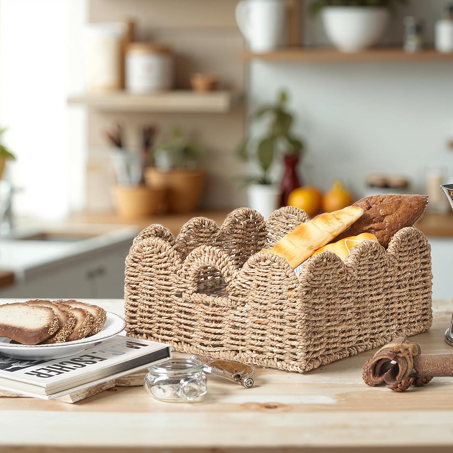 Scalloped Basket 2 Pack Wicker & Rattan Storage with Built-in Handles, Decorative Woven Seagrass Basket for Nursery & Bathroom Organization
