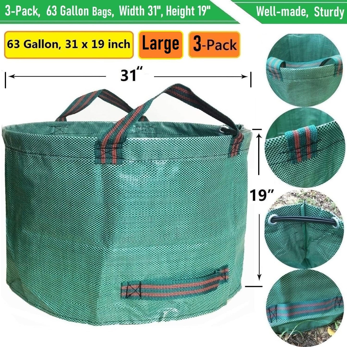 Professional 3-Pack 63 Gallons Lawn Garden Bags (D31, H19 inches) Reusable Yard Waste Bag with Gardening Gloves - Patio Standable Bag,Leaf Bag,Trash Containers,Plant Clippings Bag with 4 Handles