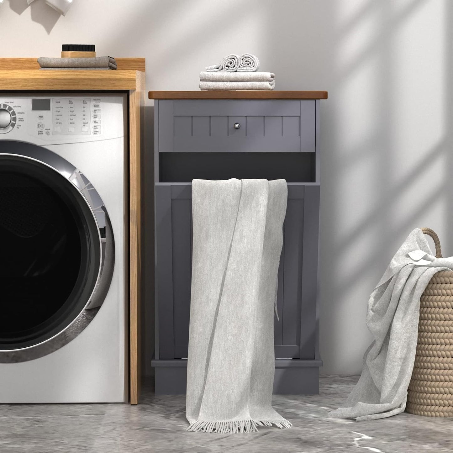 Betterhood Tilt Out Trash Cabinet 10 Gallon Wooden Free Standing Laundry Sorter Cabine,Recycling Cabine with Hideaway Drawer,Tilt Out Trash Cabinet Can Bin Kitchen