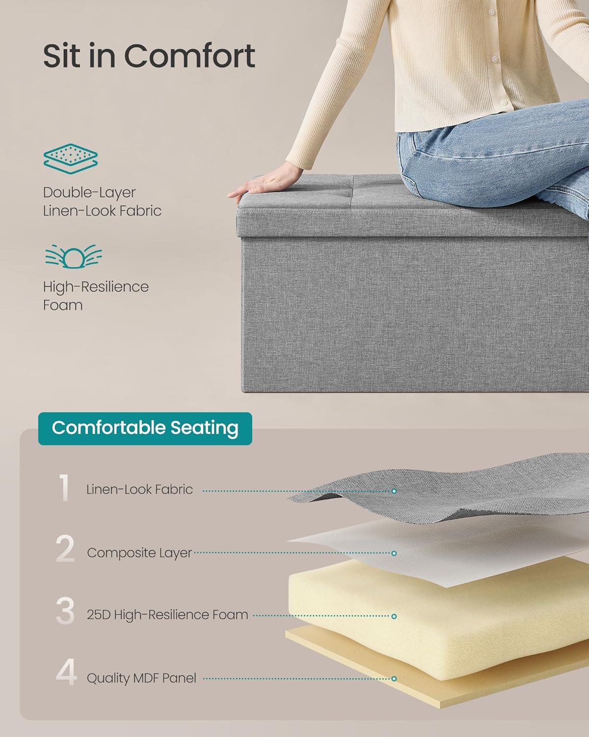 SONGMICS MAZIE Collection - 43 Inches Folding Storage Ottoman Bench, Ottoman Foot Rest, End of Bed Bench, Storage Chest, Load 660 lb, for Living Room, Bedroom, Entryway, Light Gray ULSF77G