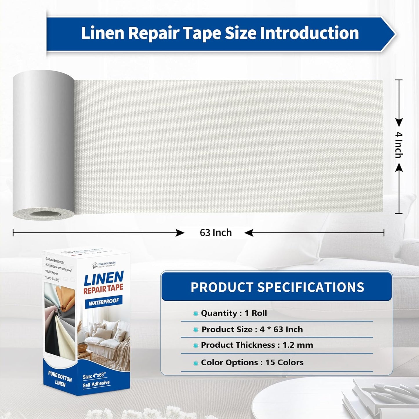 KING MOUNTAIN Linen Repair Patches, Self-Adhesive Fabric Patches, 4 X 63 inch Extra Size, Multi Color, Can be Used for Sofa Repair and Linen Clothes Repair (White)