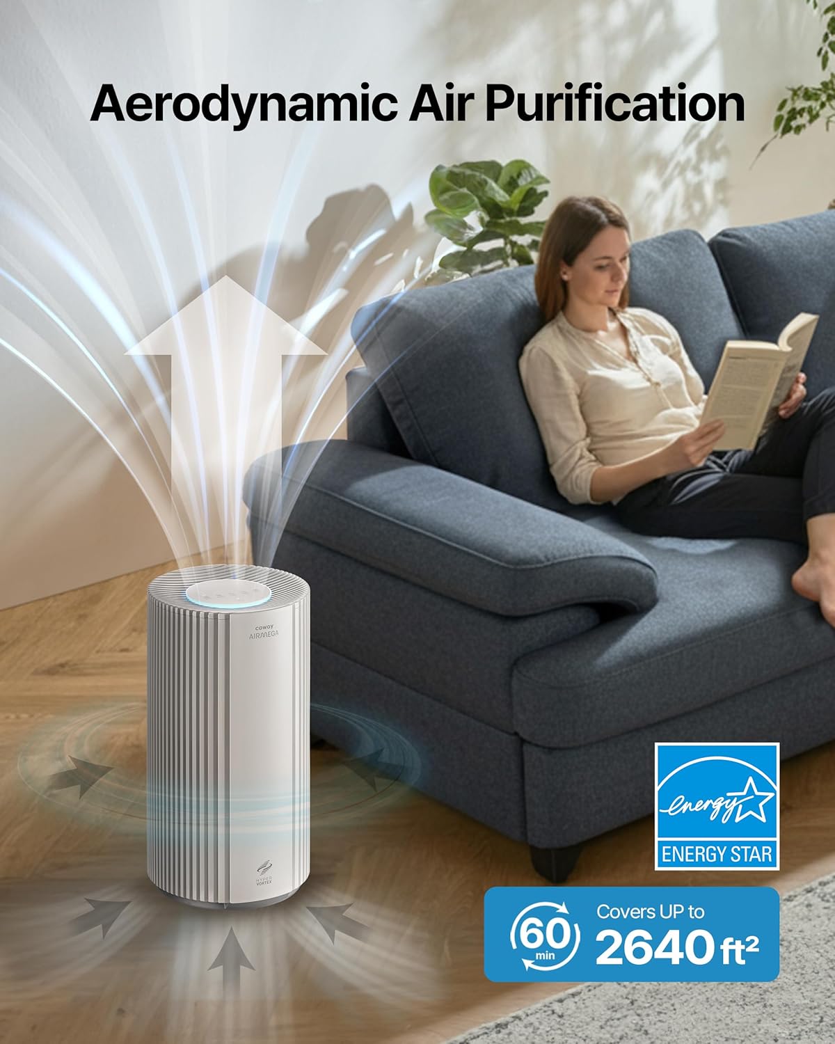 COWAY Air Purifiers for Large Room Whole Home Up to 2,640ft², True HEPA Filter for Smoke, Allergies, Pet Dander, Odor, PM 10 AQI, Turbo Eco Mode, Timer, Energy Star, 3yr Warranty, Airmega 350 Beige