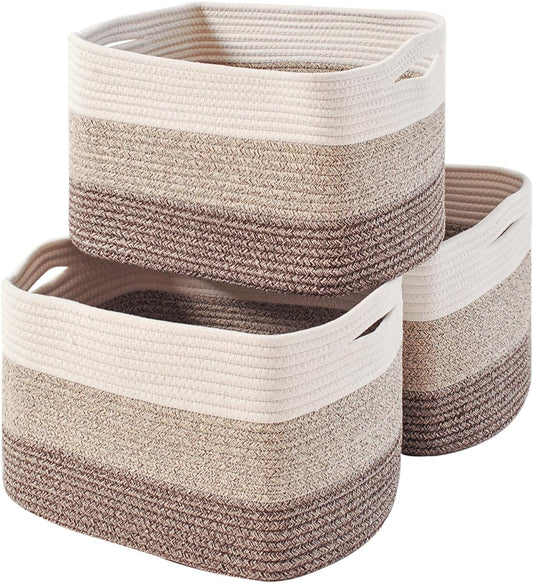 Storage Baskets for Organizing Shelves, Woven Cotton Rope Bins for Baby Nursery Organization, Book Toy Towel Organizer, 15"x11"x9.5", 3 Packs, Gradient Brown