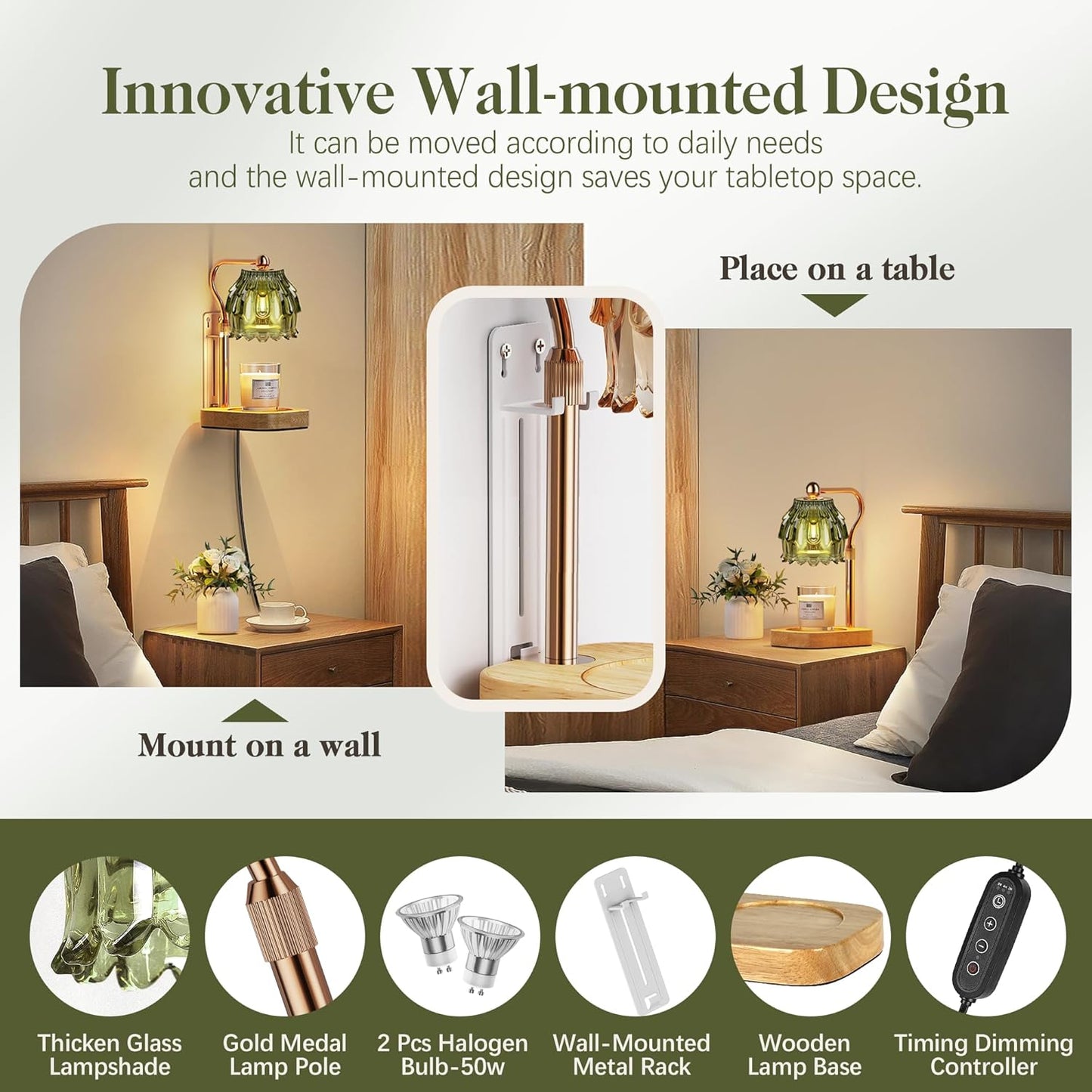 Candle Warmer Lamp with Timer Dimmer, Modern Wax Warmer for Scented Wax Jar Candle Warmer with 2 Bulbs, Adjustable Height Glass Lamp for Gifts for Women, House Warming Gifts, Home Decor, Gold Green