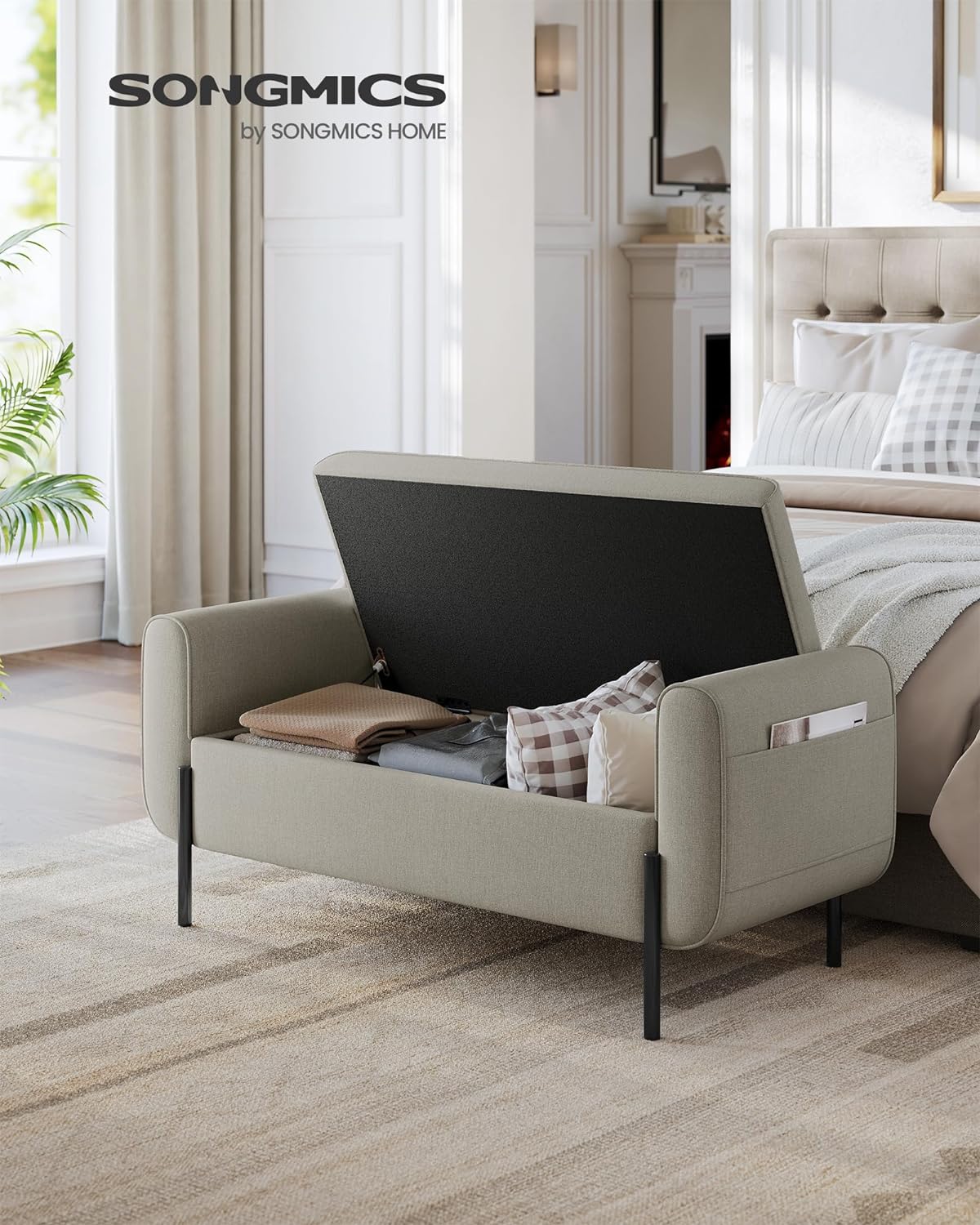 SONGMICS Storage Bench with Armrests, Ottoman with Storage for Living Room, Storage Ottoman Bench for Bedroom, Entryway, Living Room, Steel Legs, Camel Brown ULOM072K03