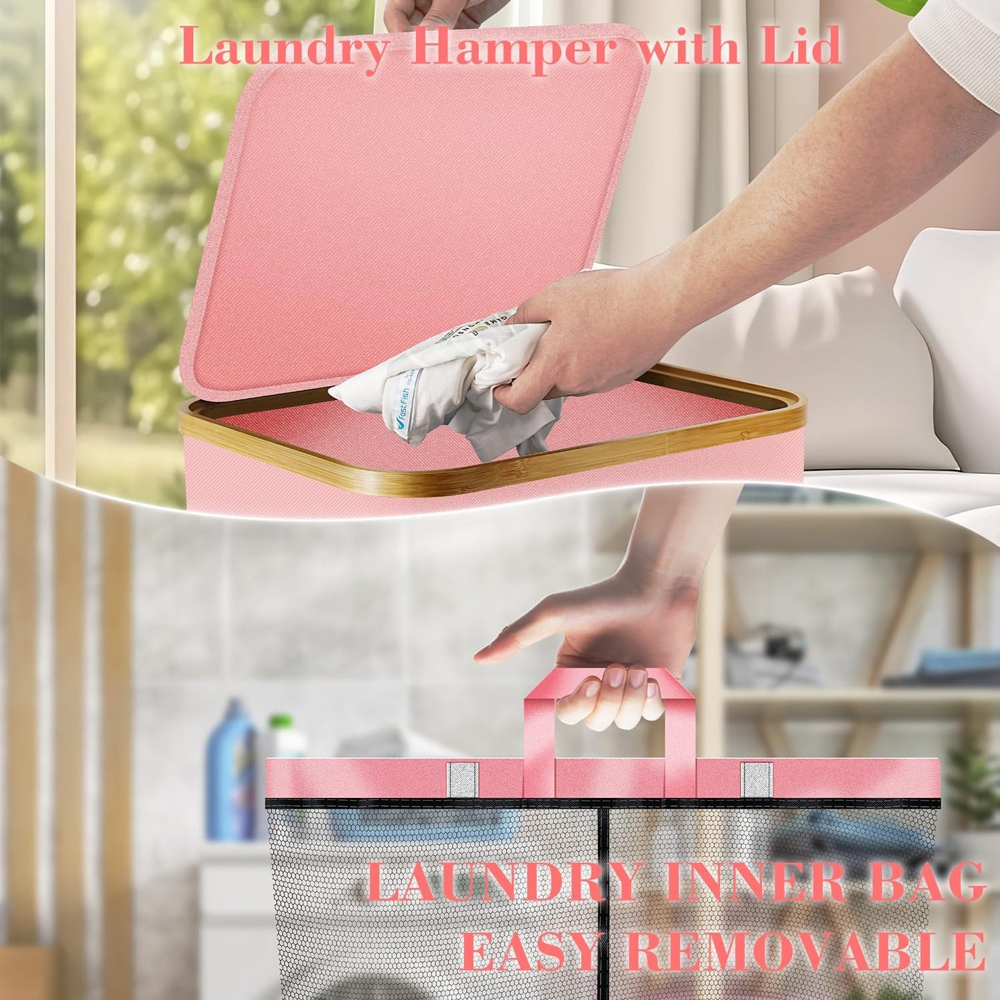 Laundry Hamper with Wheels,20 Gal (75L) Laundry Basket with lid Rolling Clothes Hamper Foldable Dirty Clothes Basket on wheels with Bamboo Frame and Bag for Bedroom, Dorm, Laundry Room-Pink