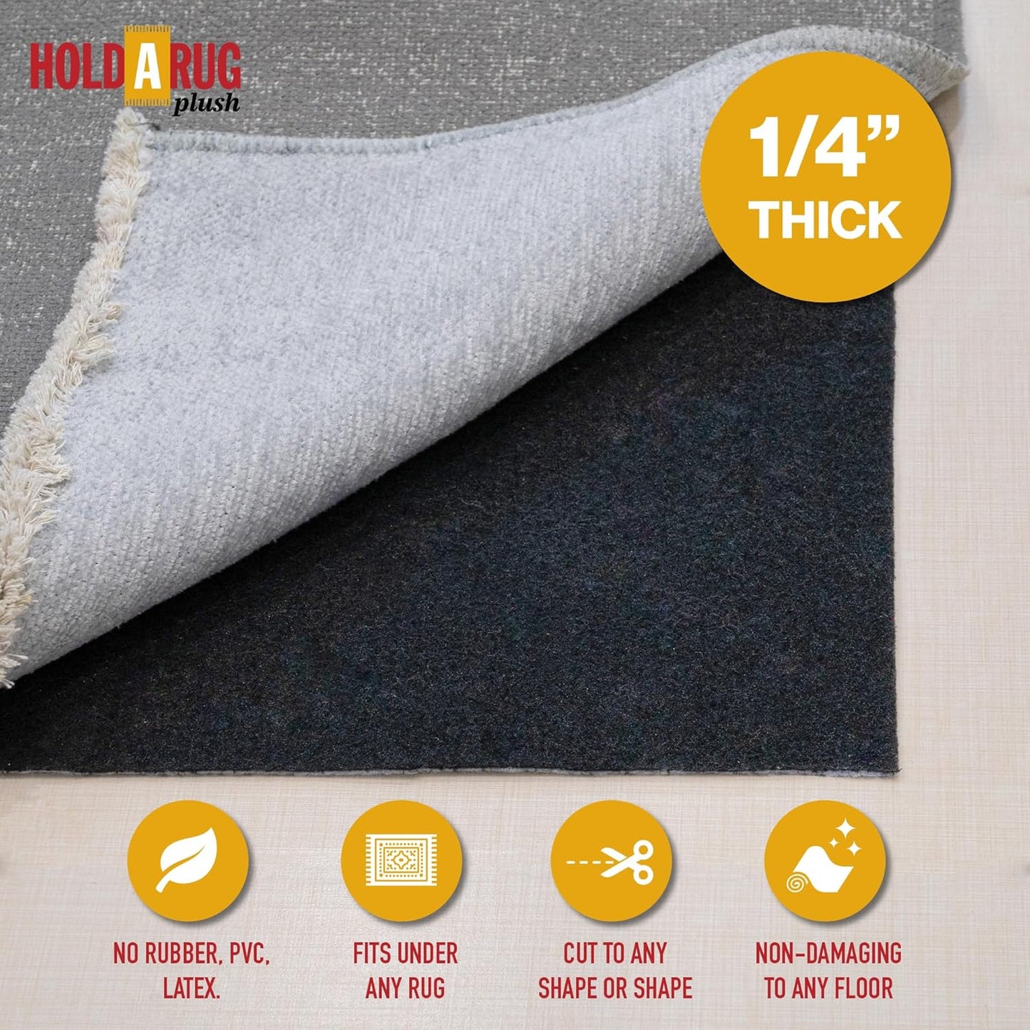 Hold-a-Rug Plush 3' x 5' Nonskid, Nonslip Rug Pad, Reversible Gripper, ¼ Thick, Safe for All Floors and Carpet, Keep Area Rugs Secure