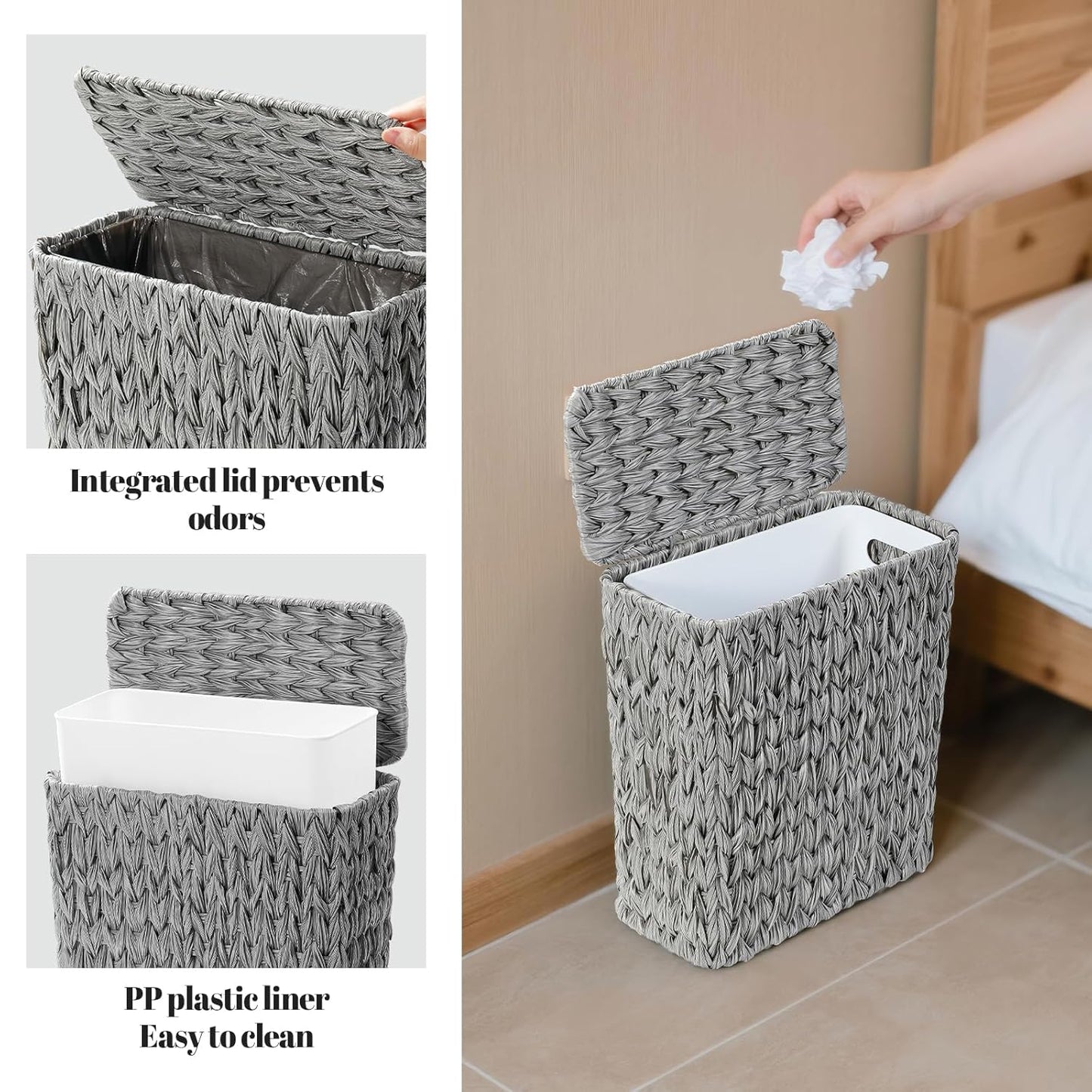3 Gallon Wicker Trash Can,Grey Bathroom Trash Cans with Lid,Waterproof Slim Waste Basket for Bedroom,Home Office,Narrow Garbage Can with Removable Liner