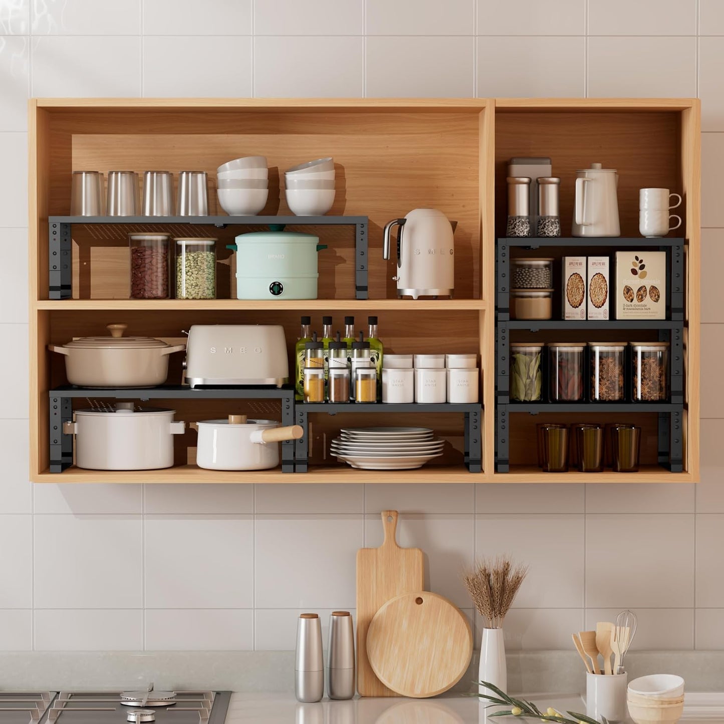 Metal Stackable Expandable Storage Shelf - Multi-Functional Home Storage Shelf, Suitable for Kitchen, Cabinet，Bathroom, Office, Garage, etc.（2PACKS/Black/Medium