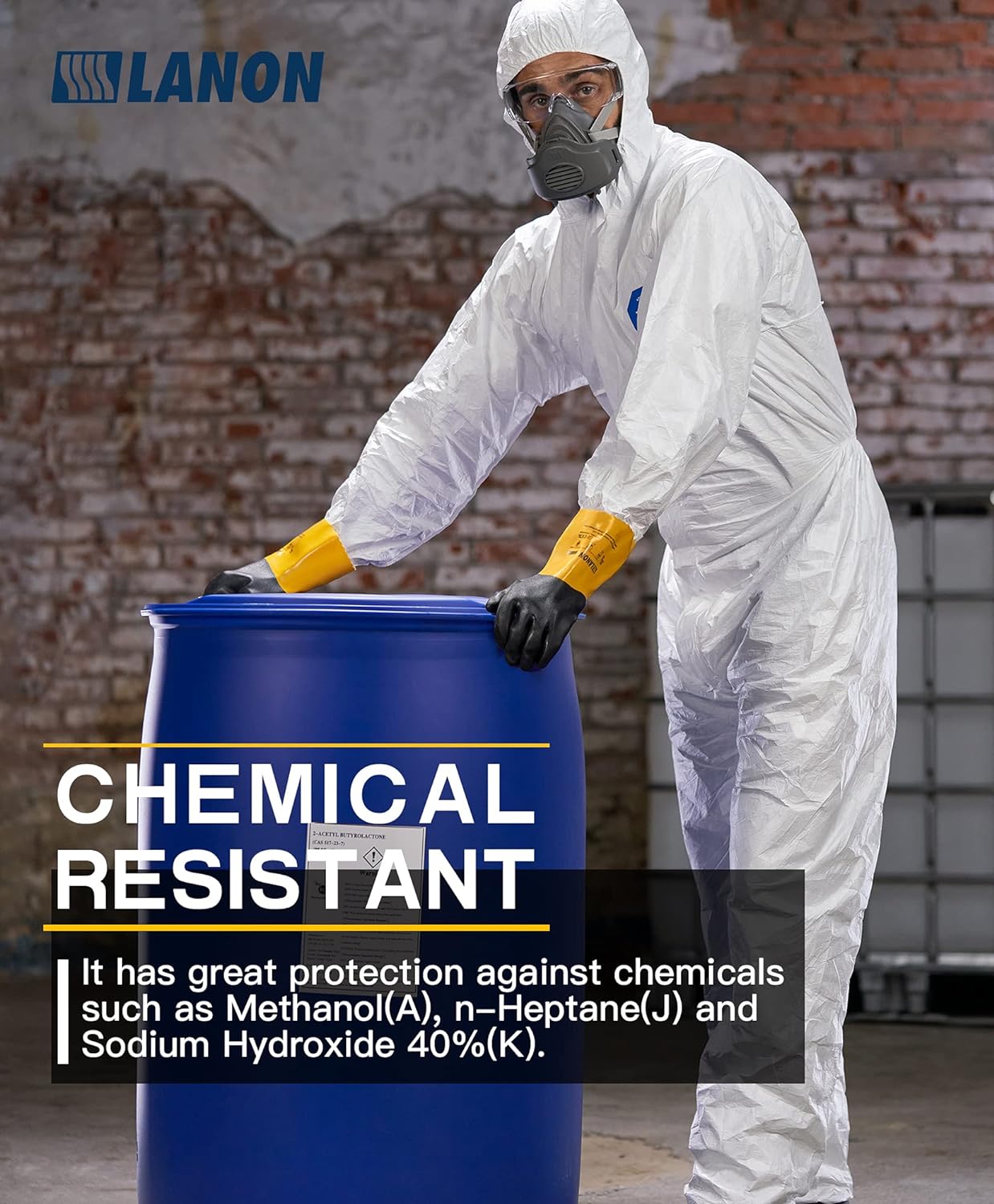 LANON 3 Pairs PVC Chemical Gloves, Thick Rubber Work Gloves, Heavy-Duty, EN 374/388, Acid, Alkali and Oil, Non-Slip, Large