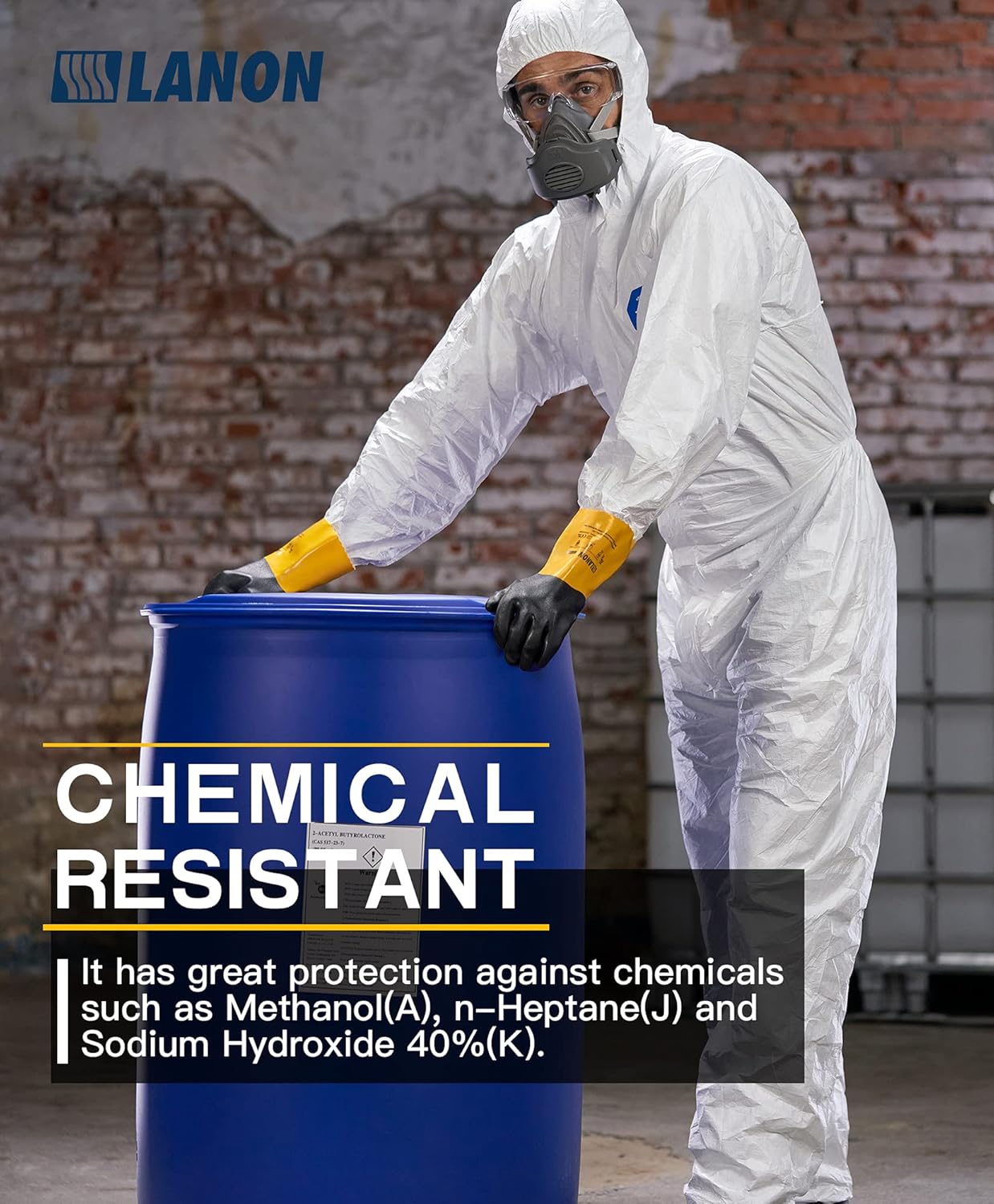 LANON PVC Chemical Gloves, Thick Rubber Work Gloves, Heavy-Duty, EN 374/388, Acid, Alkali and Oil, Non-Slip, XXL