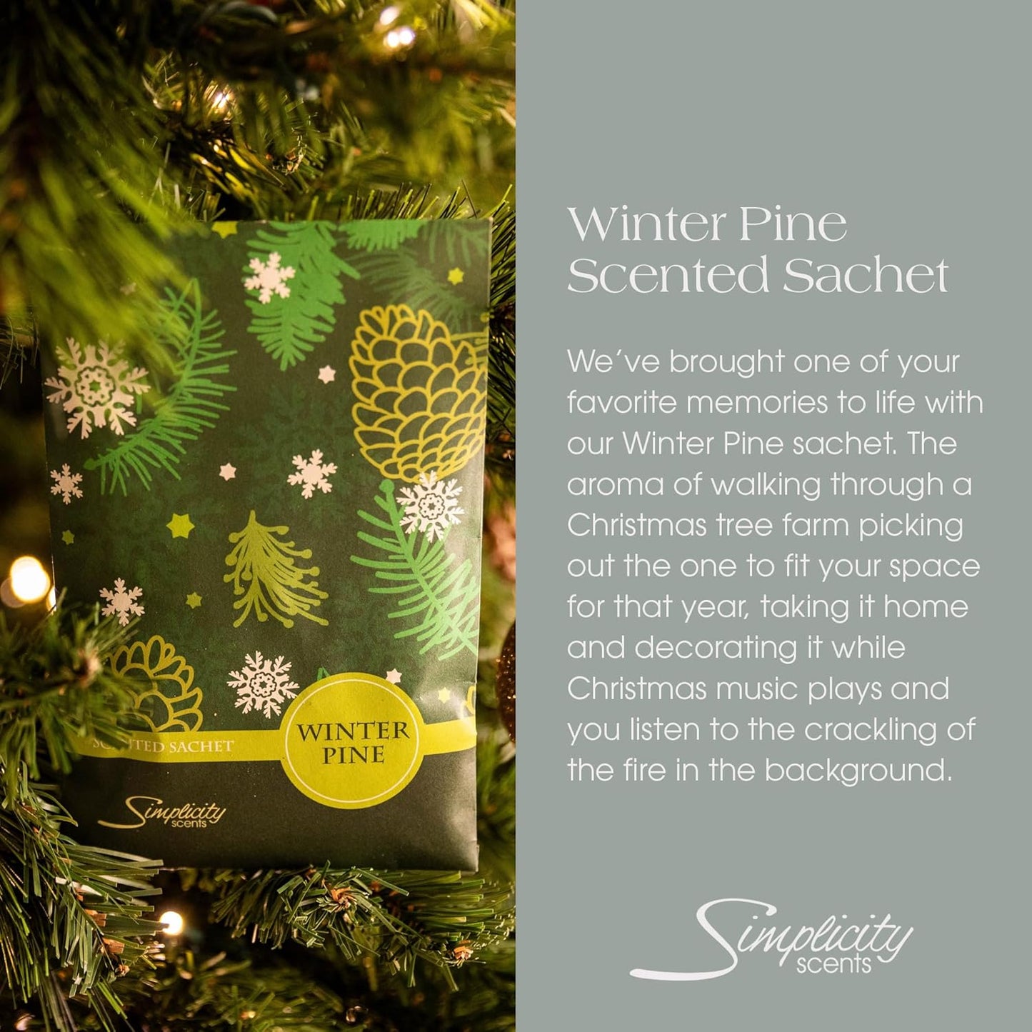 Simplicity Scents Winter Pine Scented Sachets Pack of 6, Fall & Winter - Long-Lasting Scented Bags, Home Fragrance, Air Freshener & Deodorizer for Closet, Room, Drawer, or Cars, Made in USA