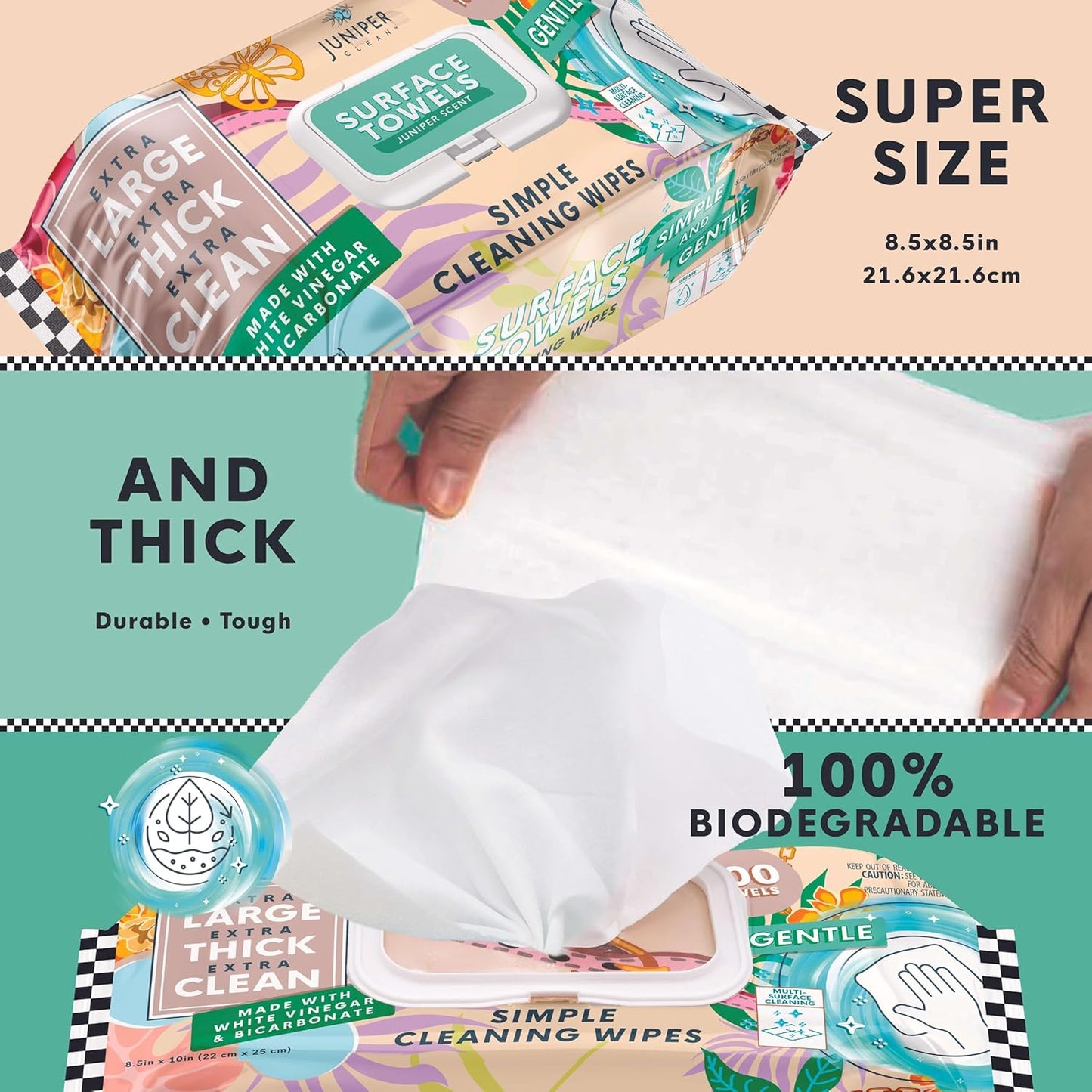 3 Packs Surface Cleaning Wipes Bleach Free, Thick & Large Dispose, All-Purpose Cleaner for Bathroom, Kitchen, Office, 300 Count Soft Flow, Biodegradable, Juniper Scent